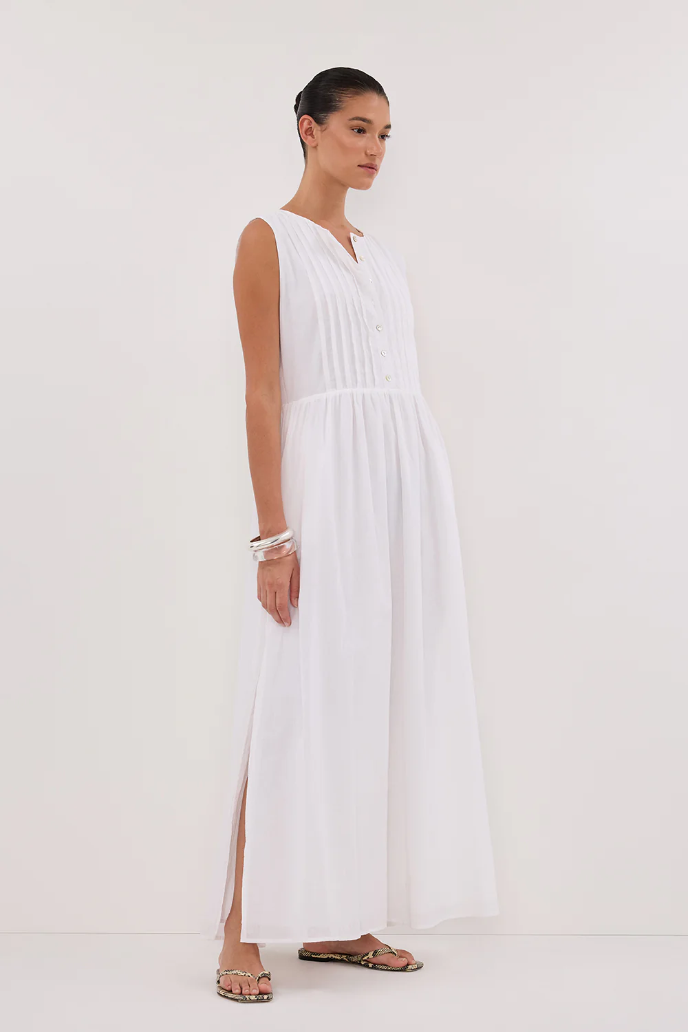 LARS WHITE PINTUCK LINEN MIDI DRESS - Image 3