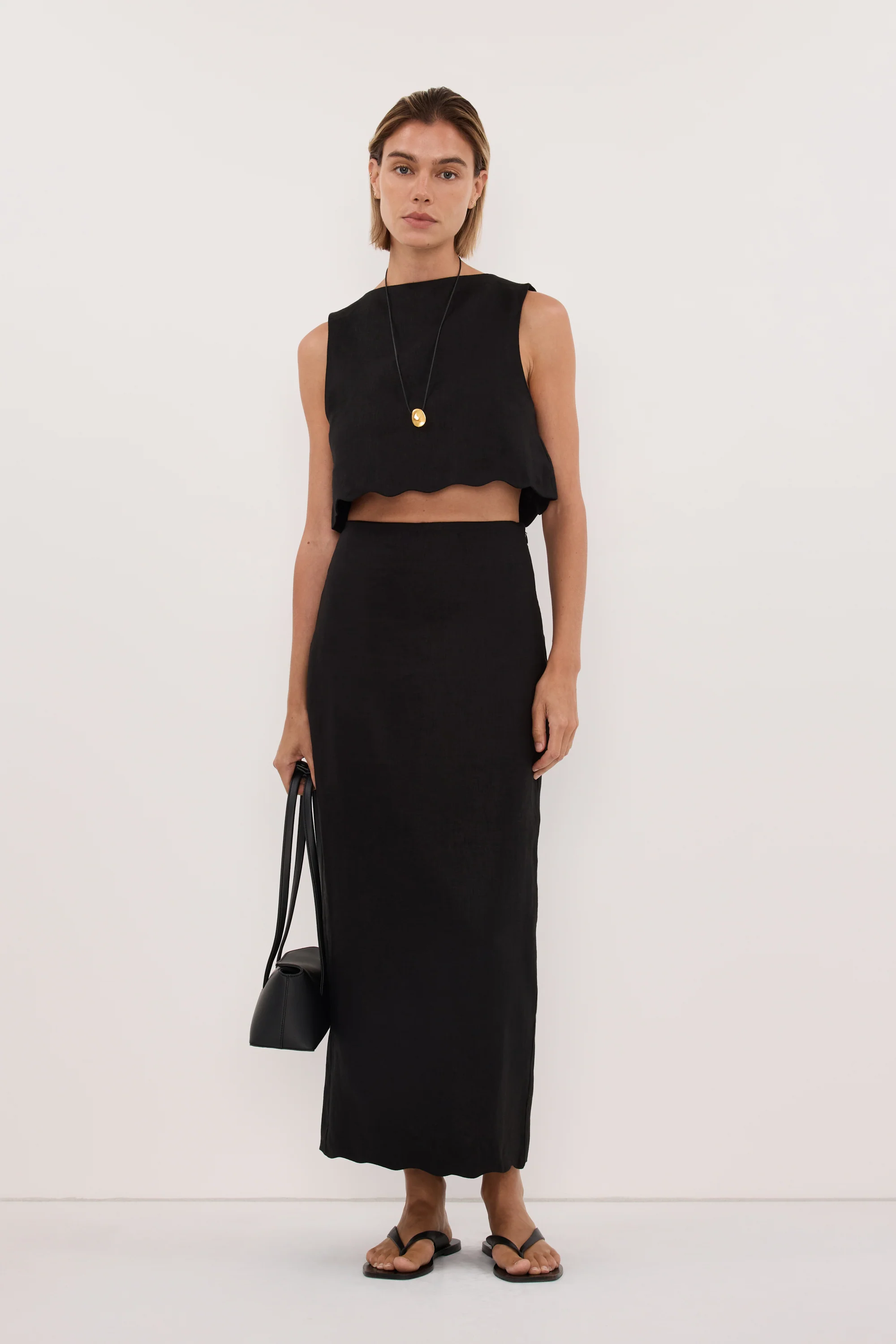 LELA BLACK LINEN MIDI SKIRT