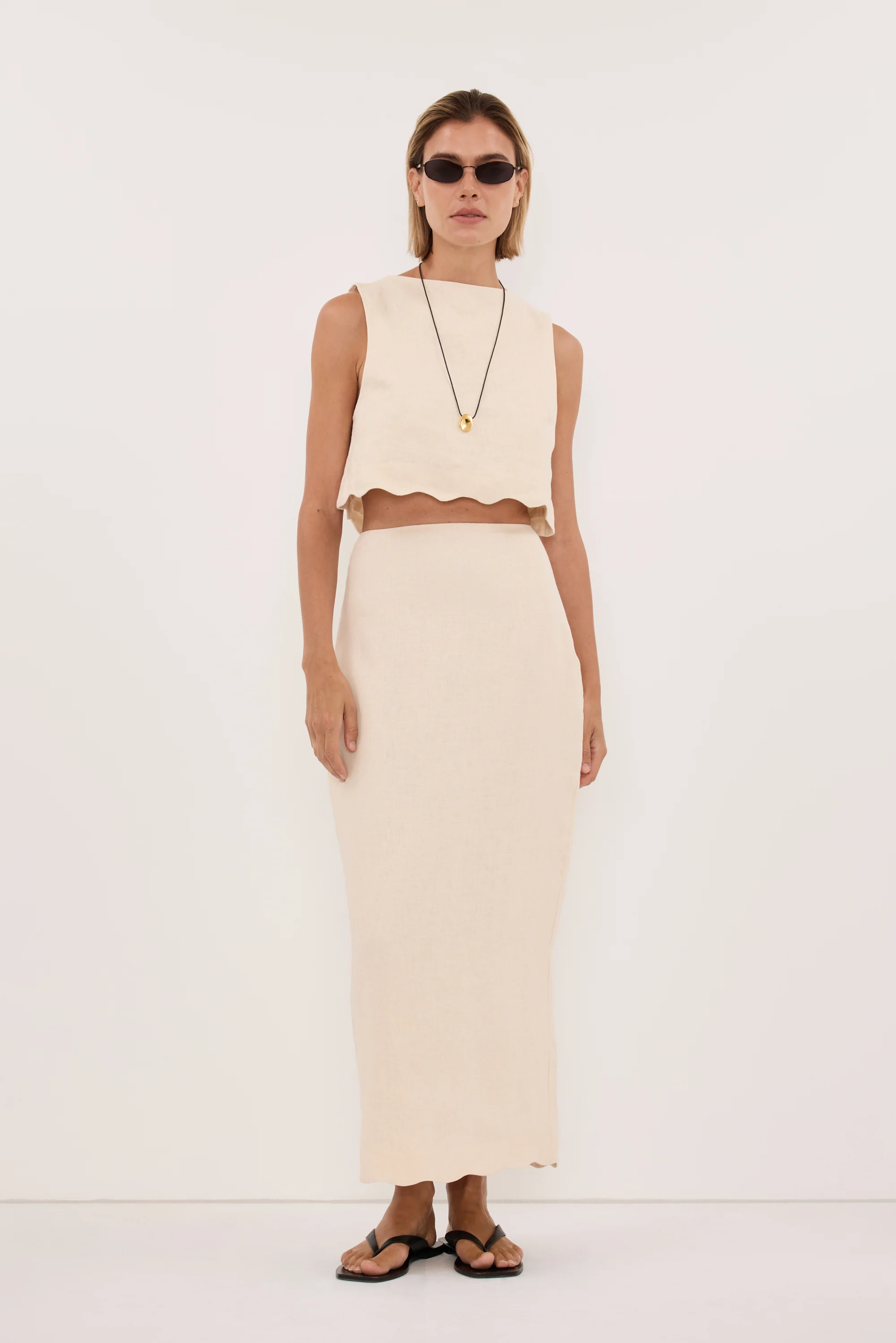 LELA SANDSTONE LINEN MIDI SKIRT