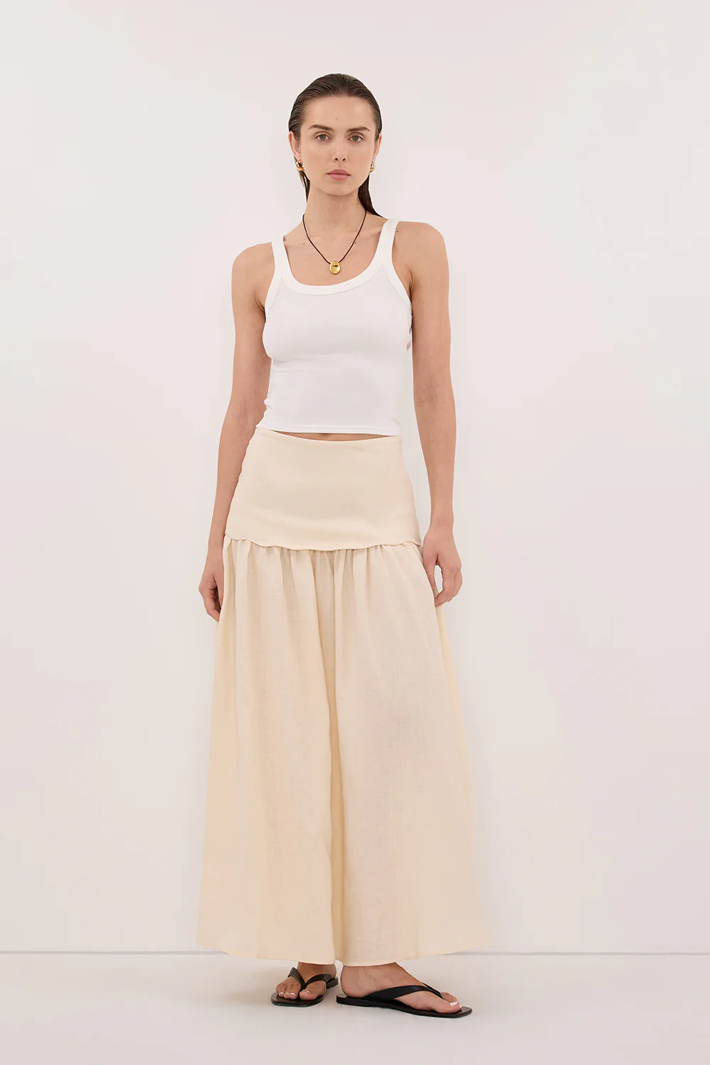 LELA SANDSTONE FOLDOVER LINEN MIDI SKIRT