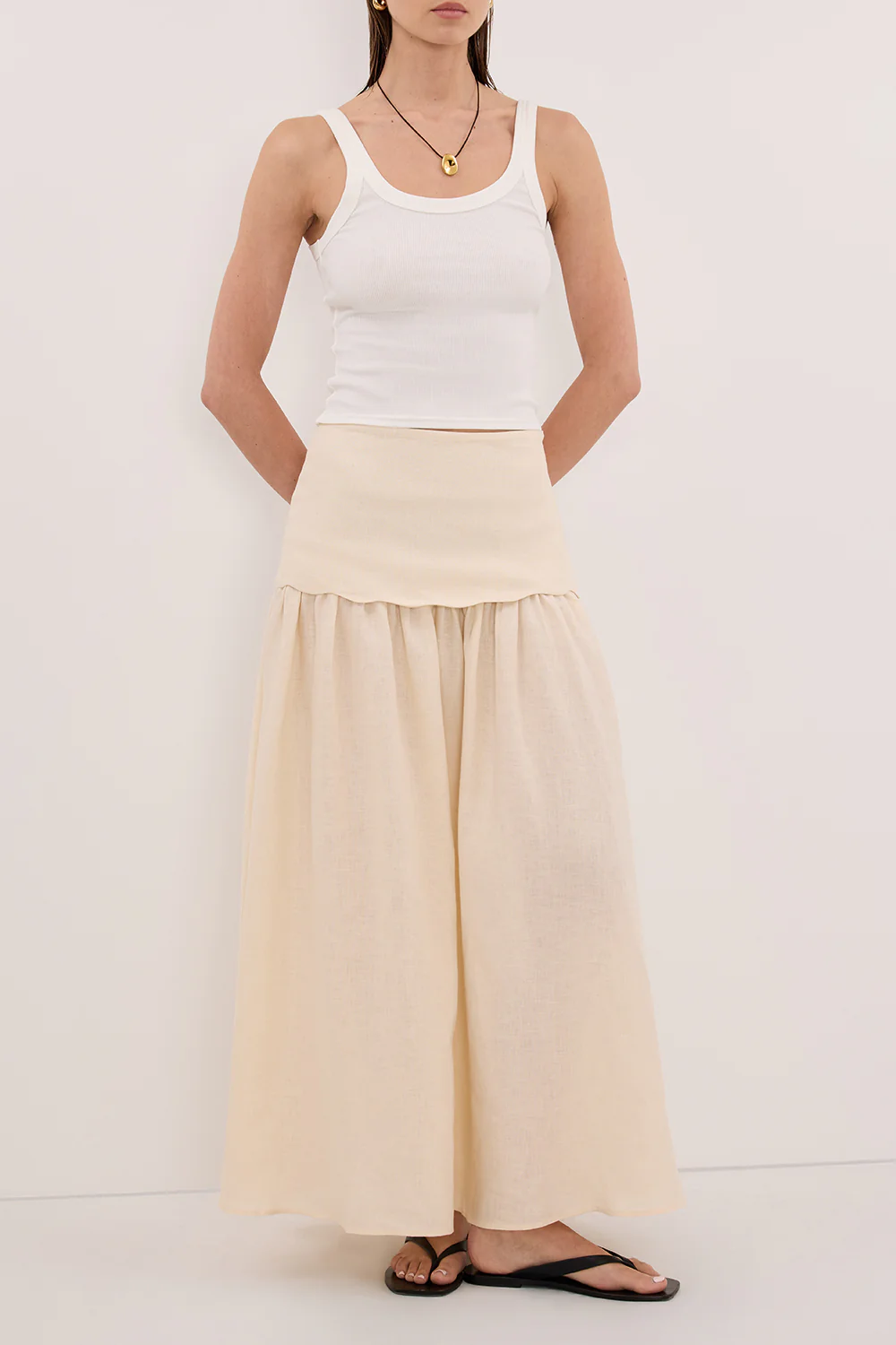 LELA SANDSTONE FOLDOVER LINEN MIDI SKIRT - Image 2