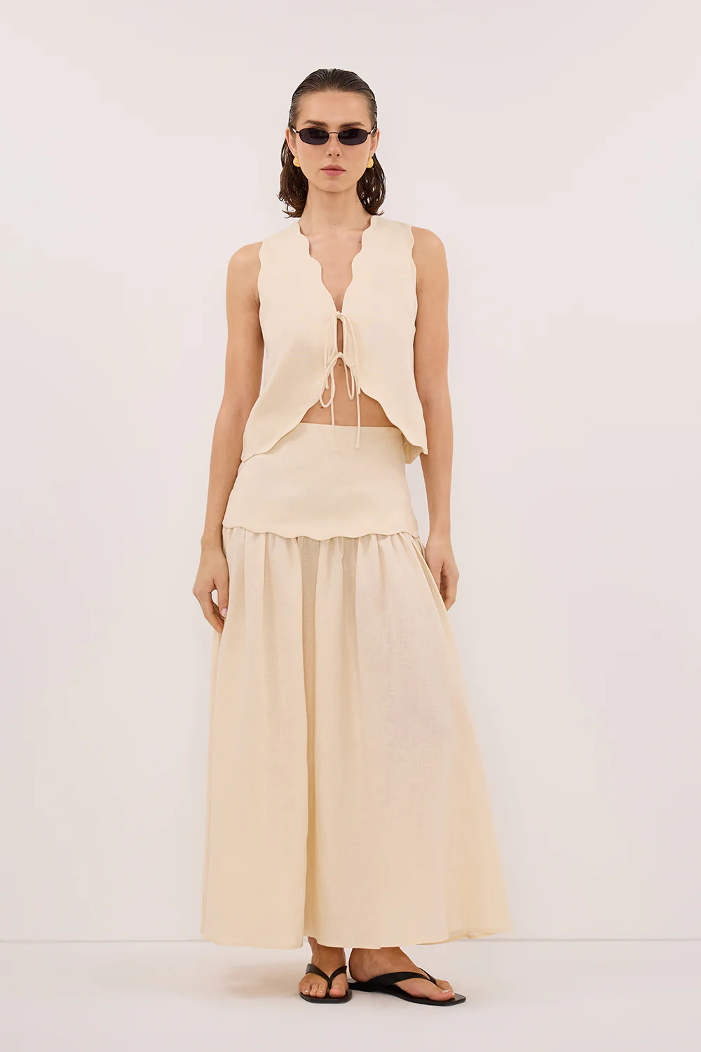 LELA SANDSTONE FOLDOVER LINEN MIDI SKIRT - Image 6