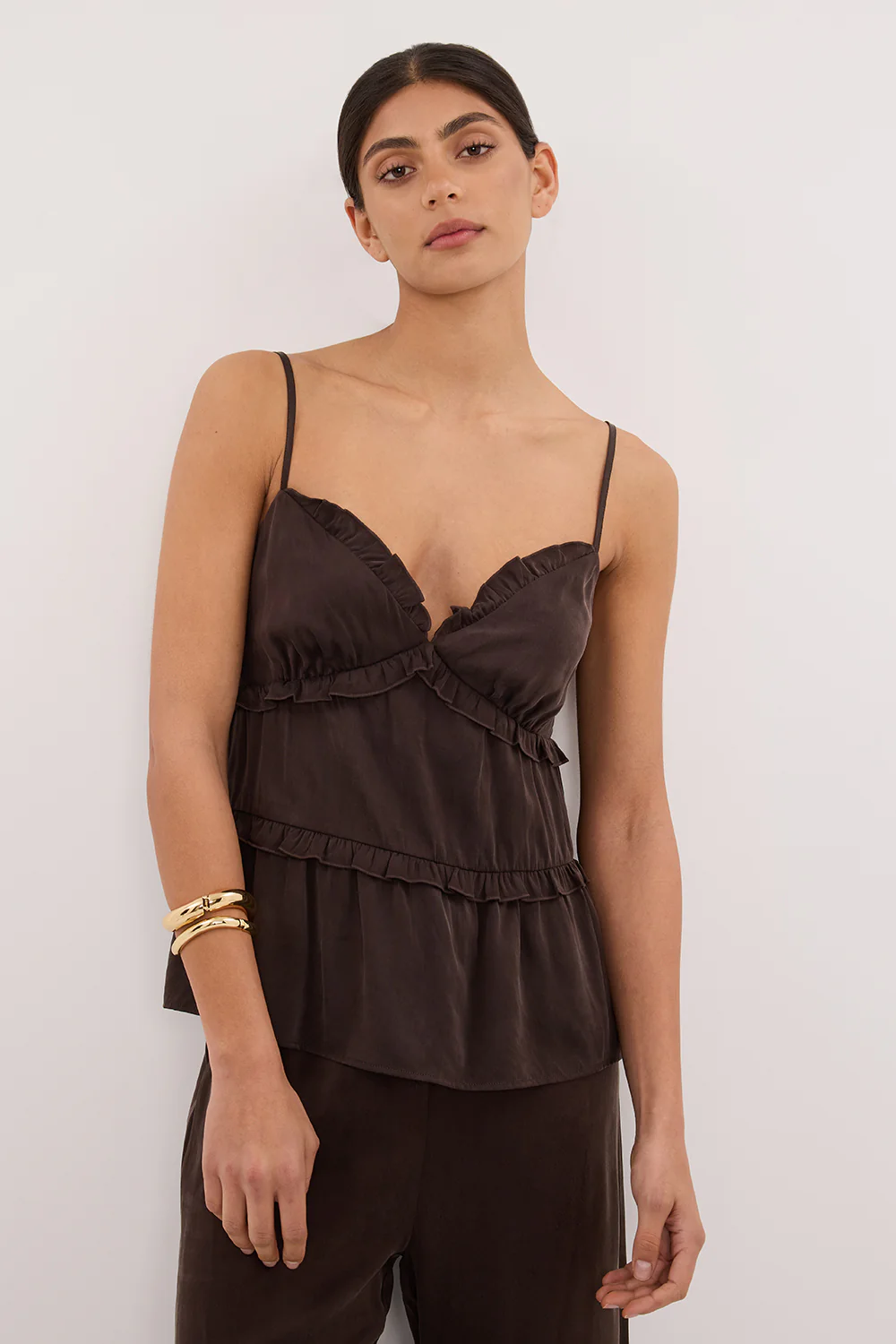 LENA BITTER CHOC SILK SLEEVELESS FRILL TOP - Image 2