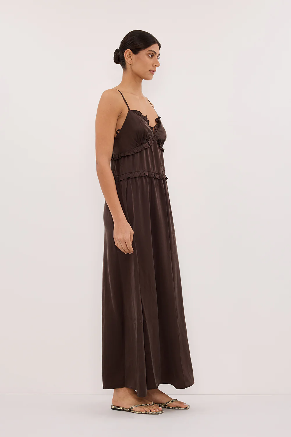 LENA BITTER CHOC SILK SLEEVELESS MAXI DRESS - Image 3
