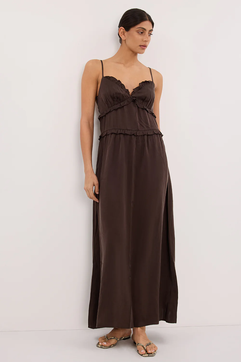 LENA BITTER CHOC SILK SLEEVELESS MAXI DRESS - Image 6