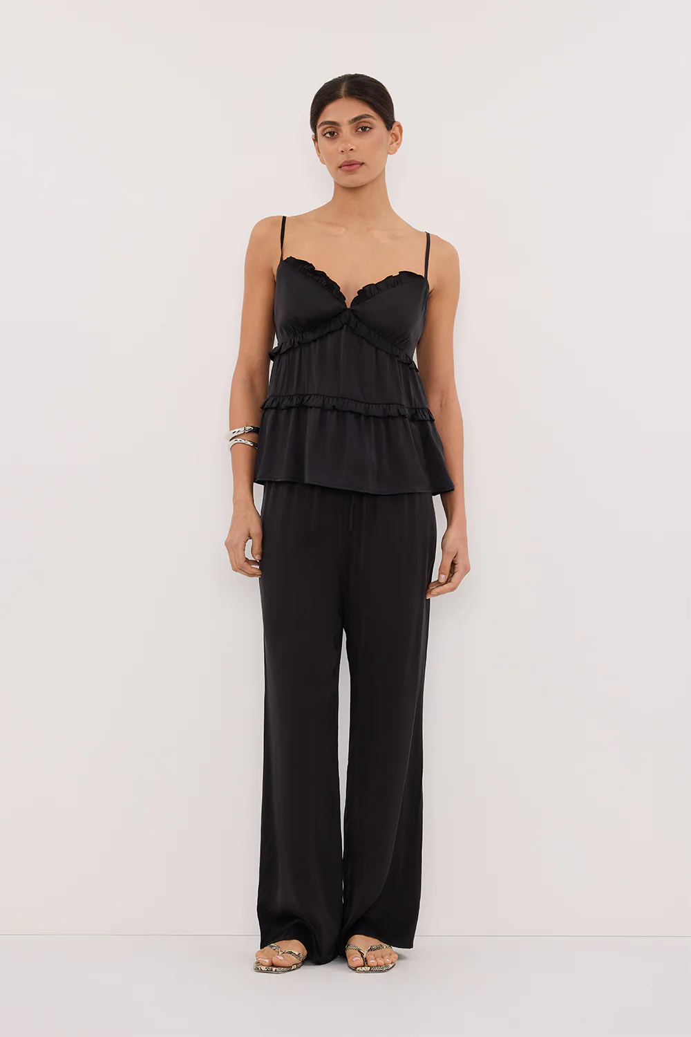 LENA BLACK SILK SLEEVELESS FRILL TOP