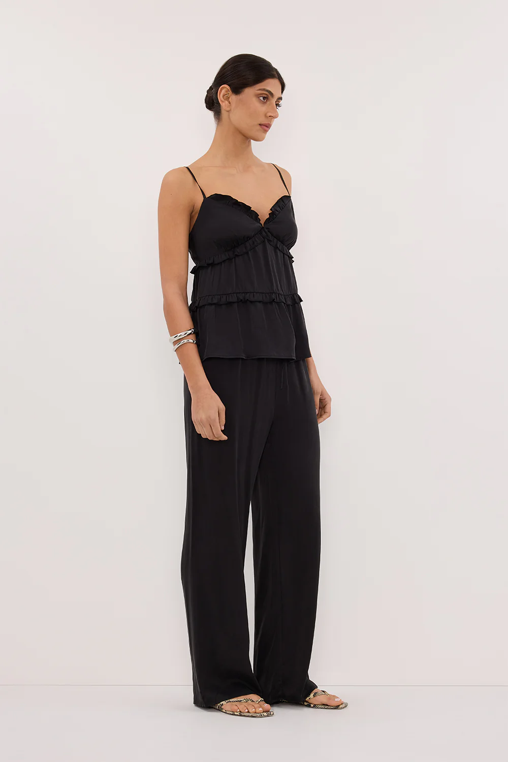 LENA BLACK SILK SLEEVELESS FRILL TOP - Image 3