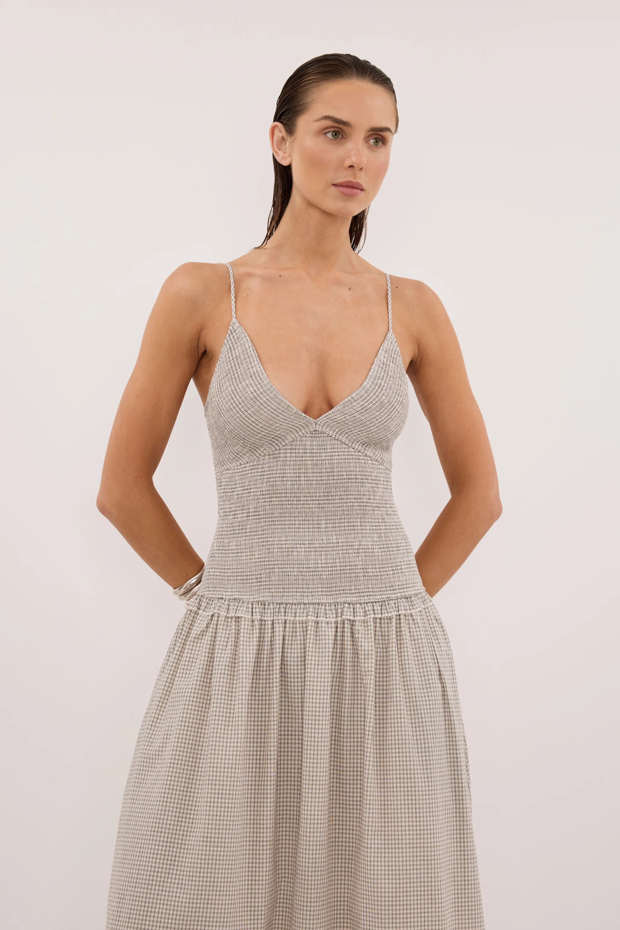 LILITH SLEEVELESS CHECK COTTON MIDI DRESS - Image 3