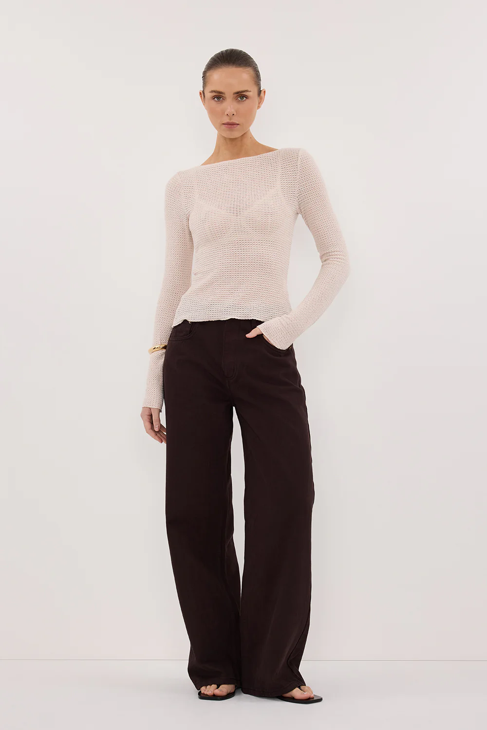 LILY STONE LONG SLEEVE BOAT NECK TEXTURED TOP
