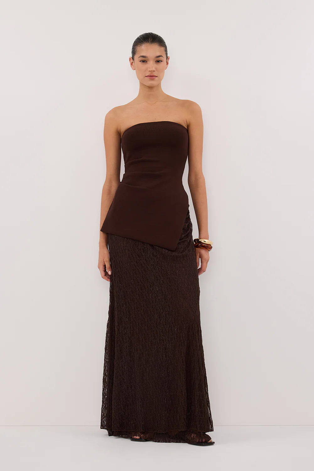 LIZZIE DARK CHOC LAYERED LACE MIDI SKIRT