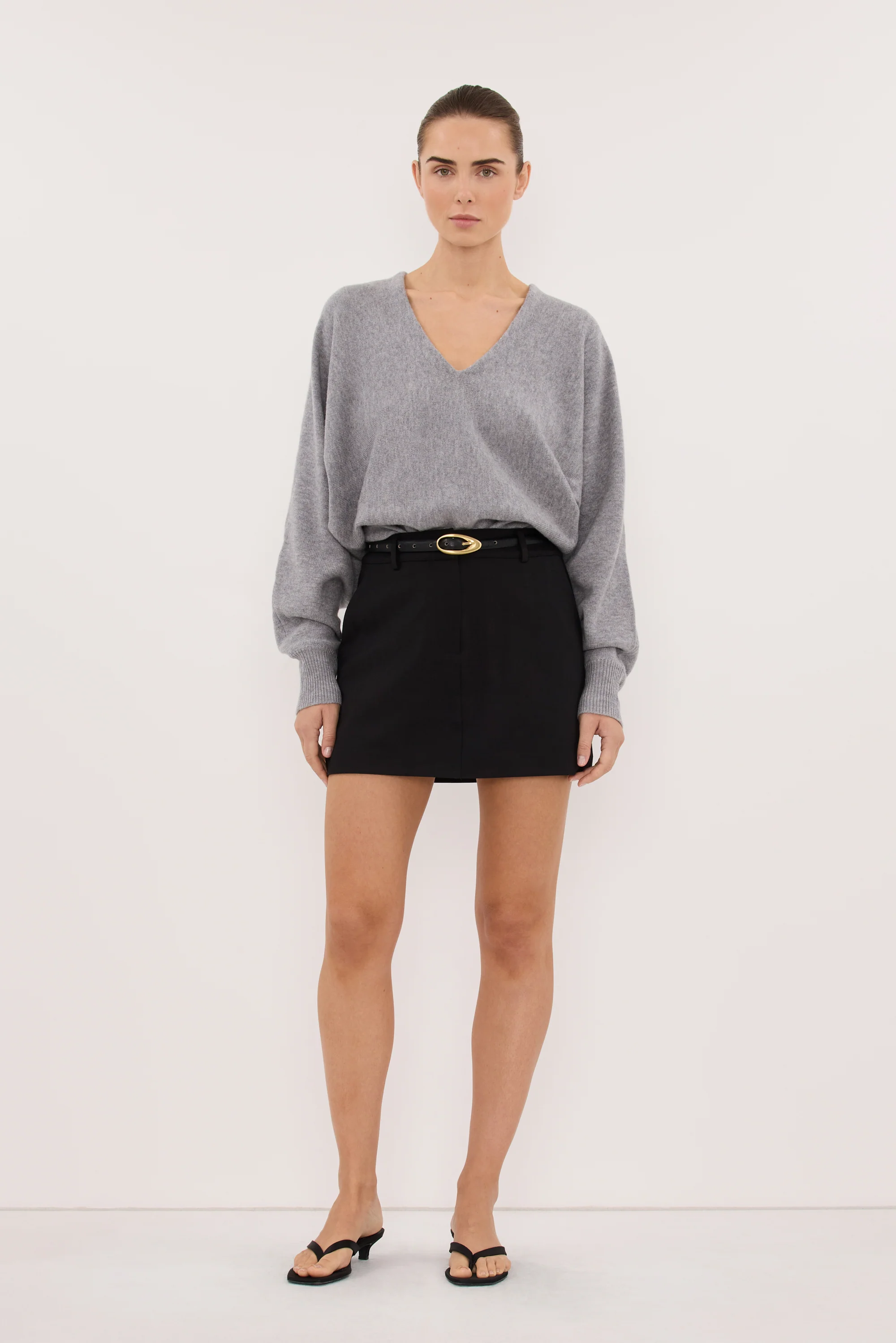 LUMI GREY MARLE V NECK MERINO KNIT JUMPER
