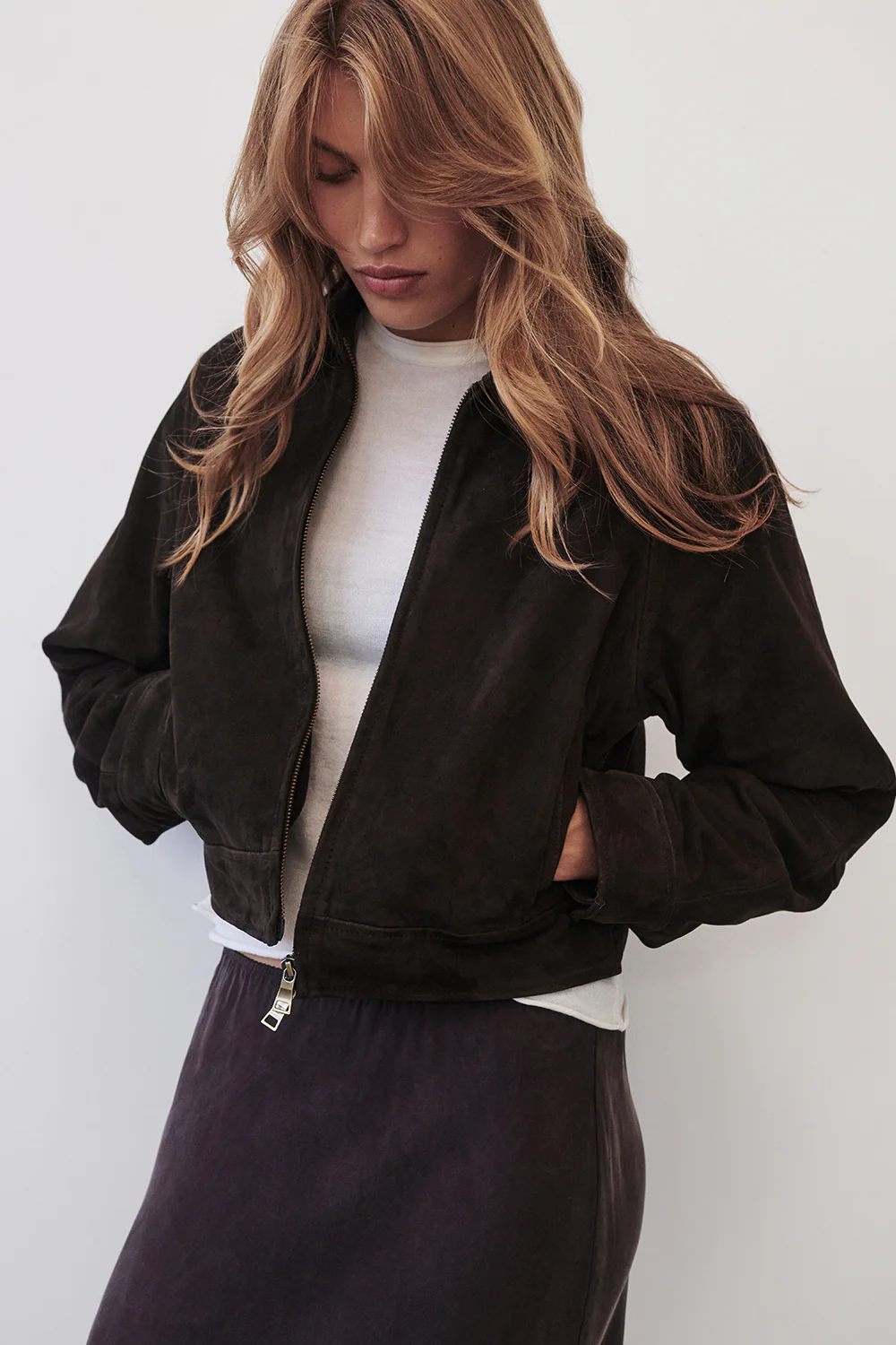 MAEVE BITTER CHOC SUEDE CROPPED JACKET