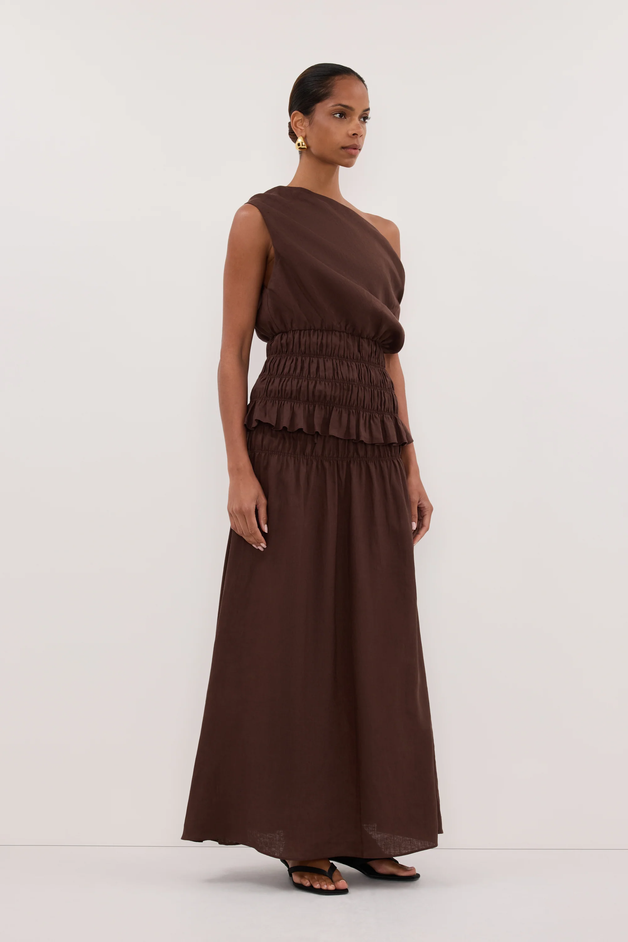 MAIA COCOA LINEN SHIRRED MIDI SKIRT - Image 3
