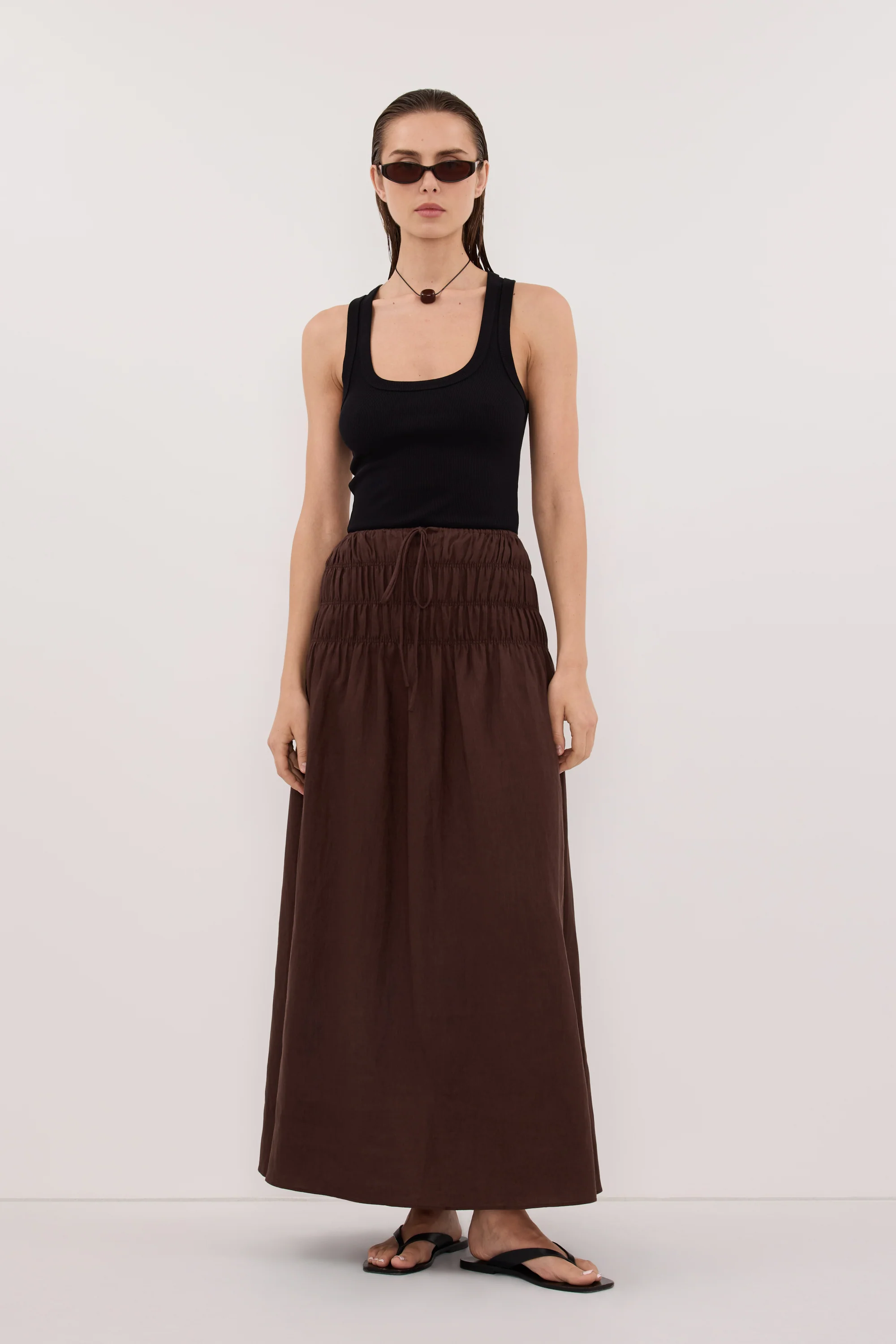 MAIA COCOA LINEN SHIRRED MIDI SKIRT - Image 5