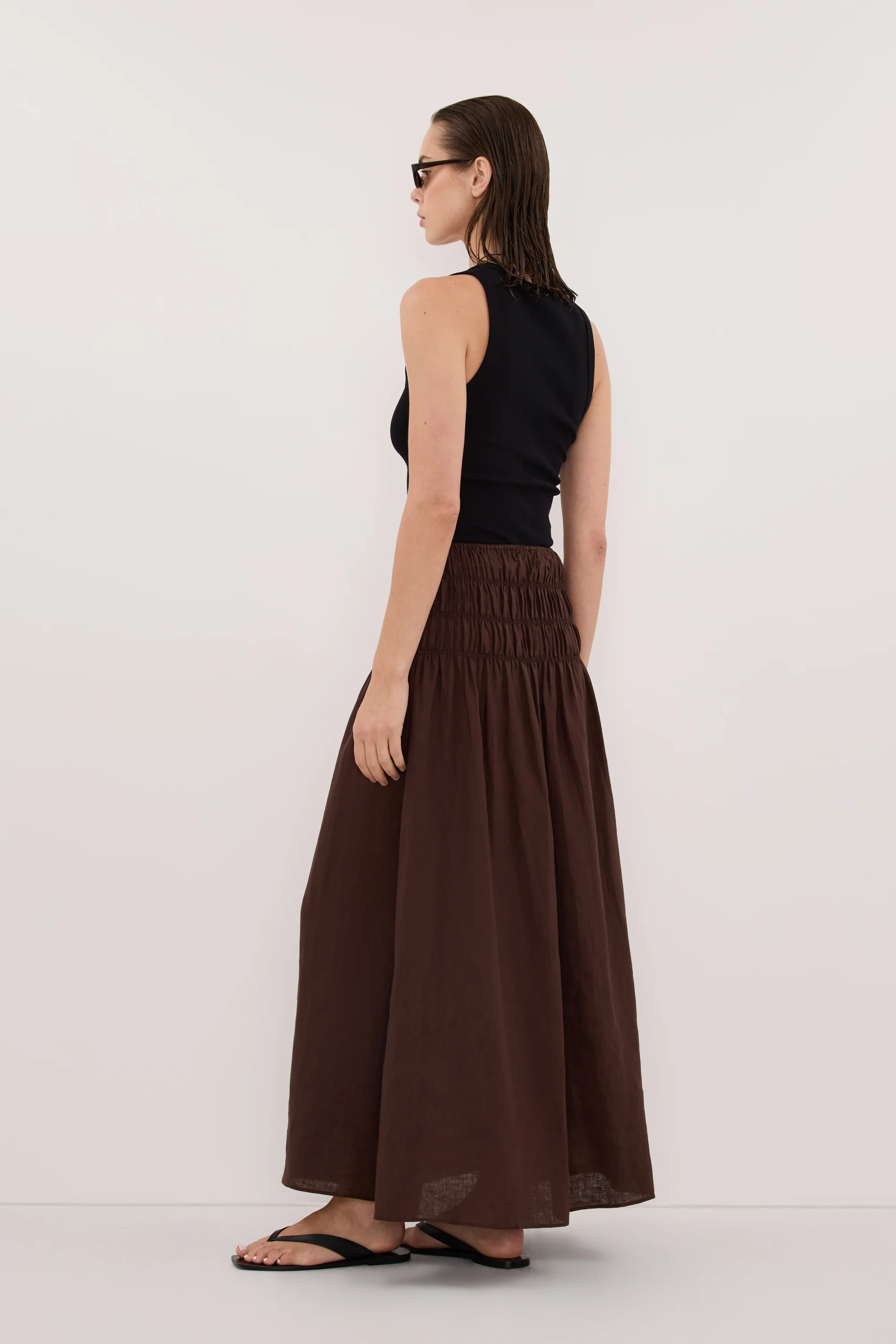 MAIA COCOA LINEN SHIRRED MIDI SKIRT - Image 6