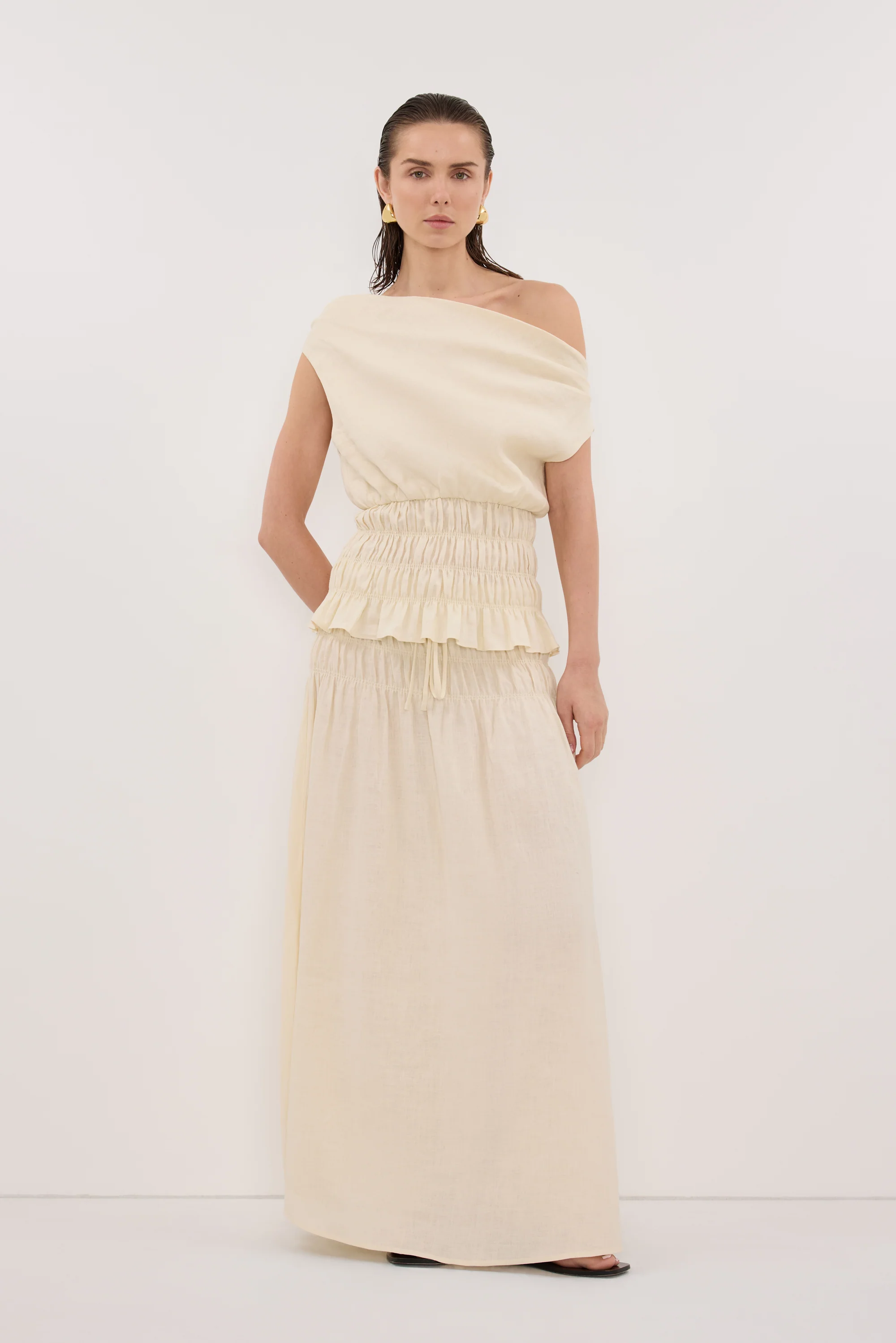 MAIA STRAW LINEN SHIRRED MIDI SKIRT