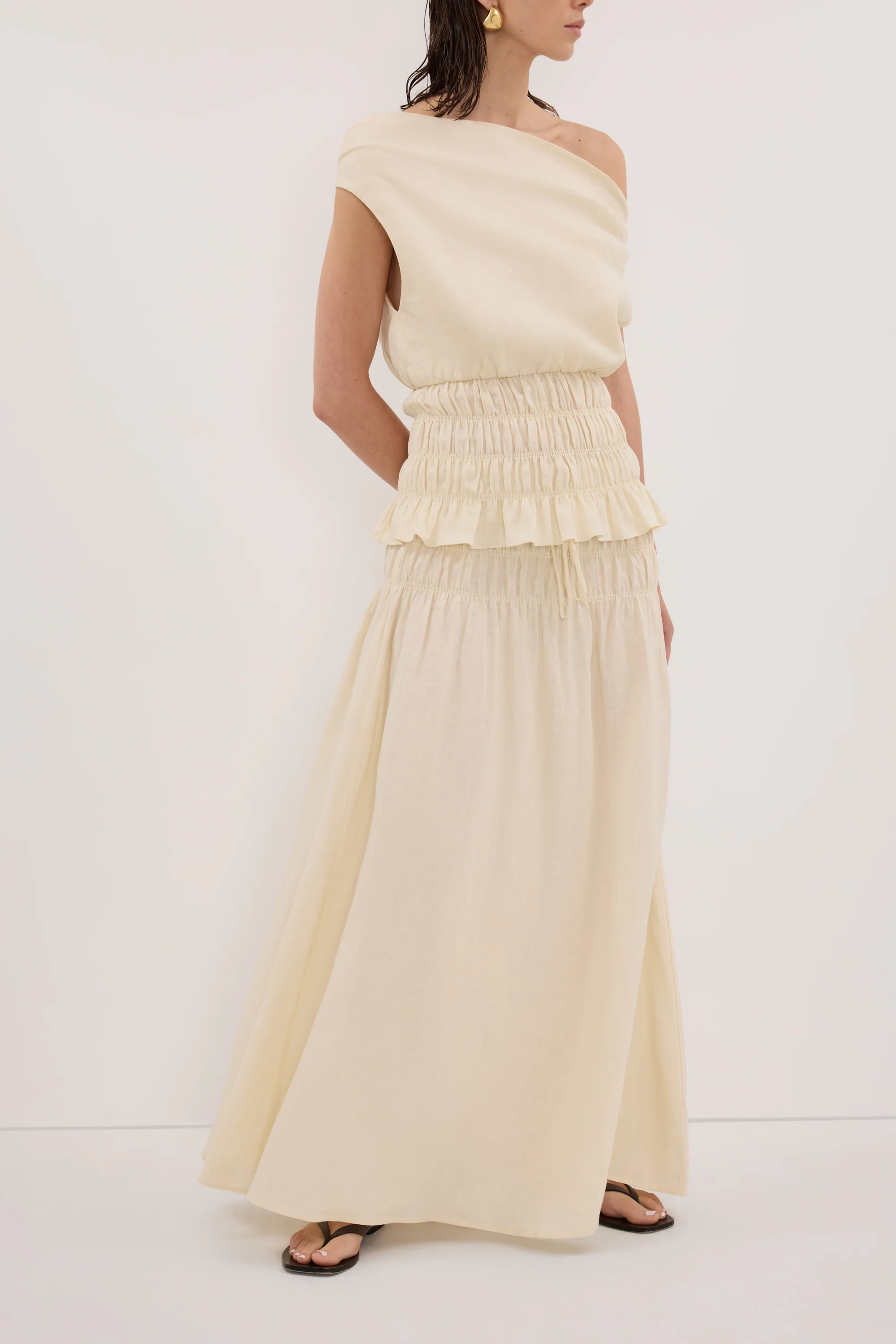 MAIA STRAW LINEN SHIRRED MIDI SKIRT - Image 2