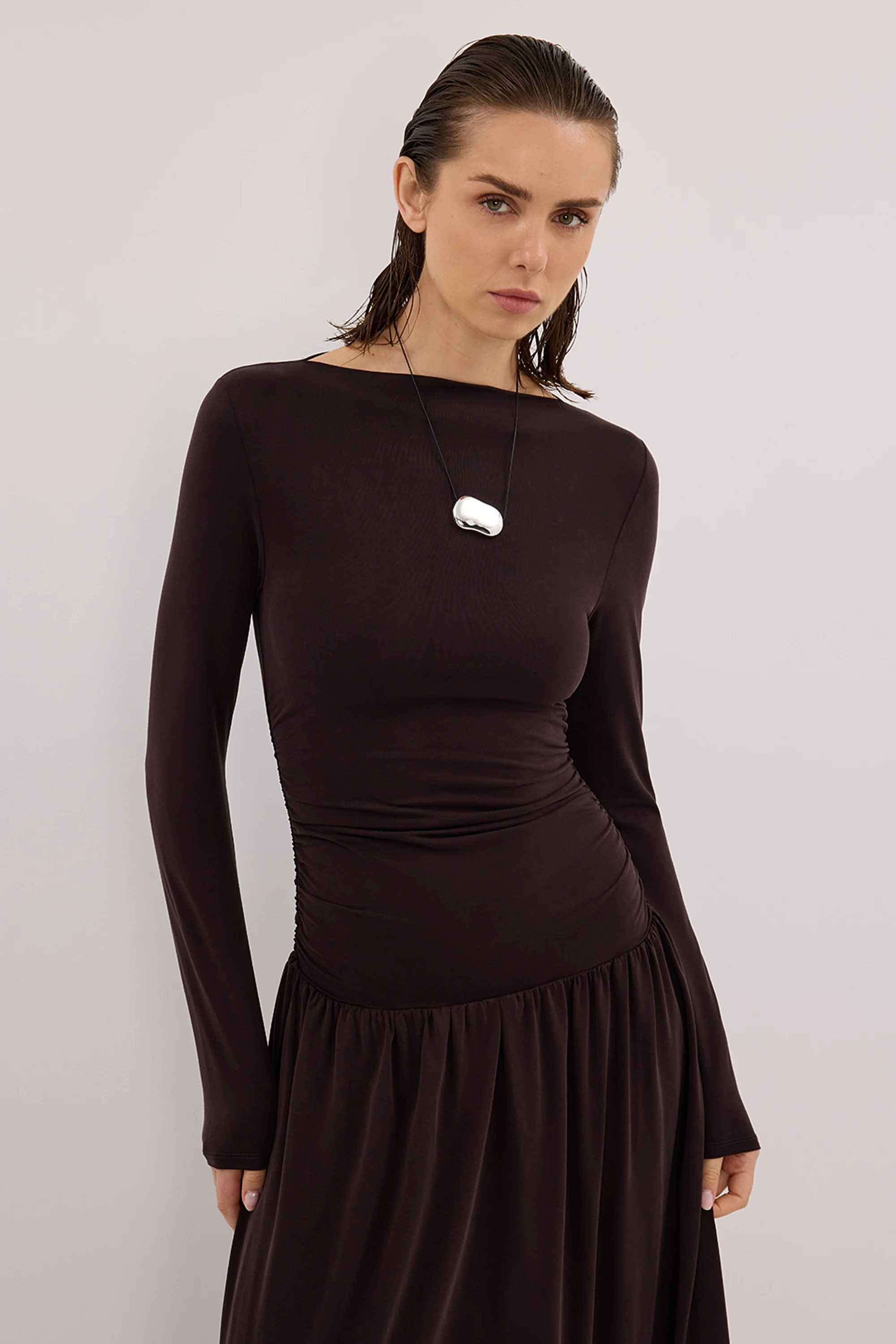 MEG BURNT CHOC LONG SLEEVE KNIT MIDI DRESS - Image 3