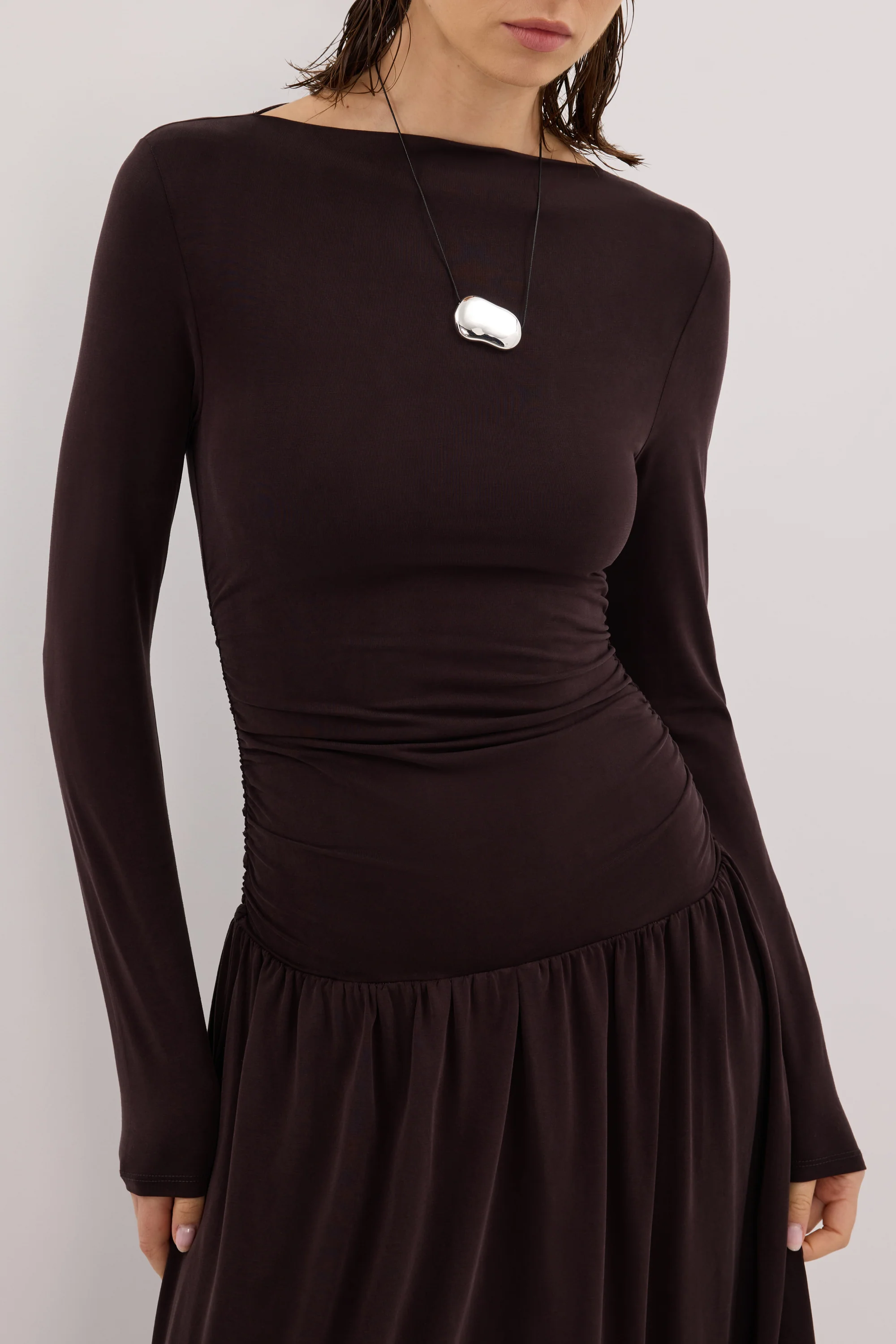 MEG BURNT CHOC LONG SLEEVE KNIT MIDI DRESS - Image 5