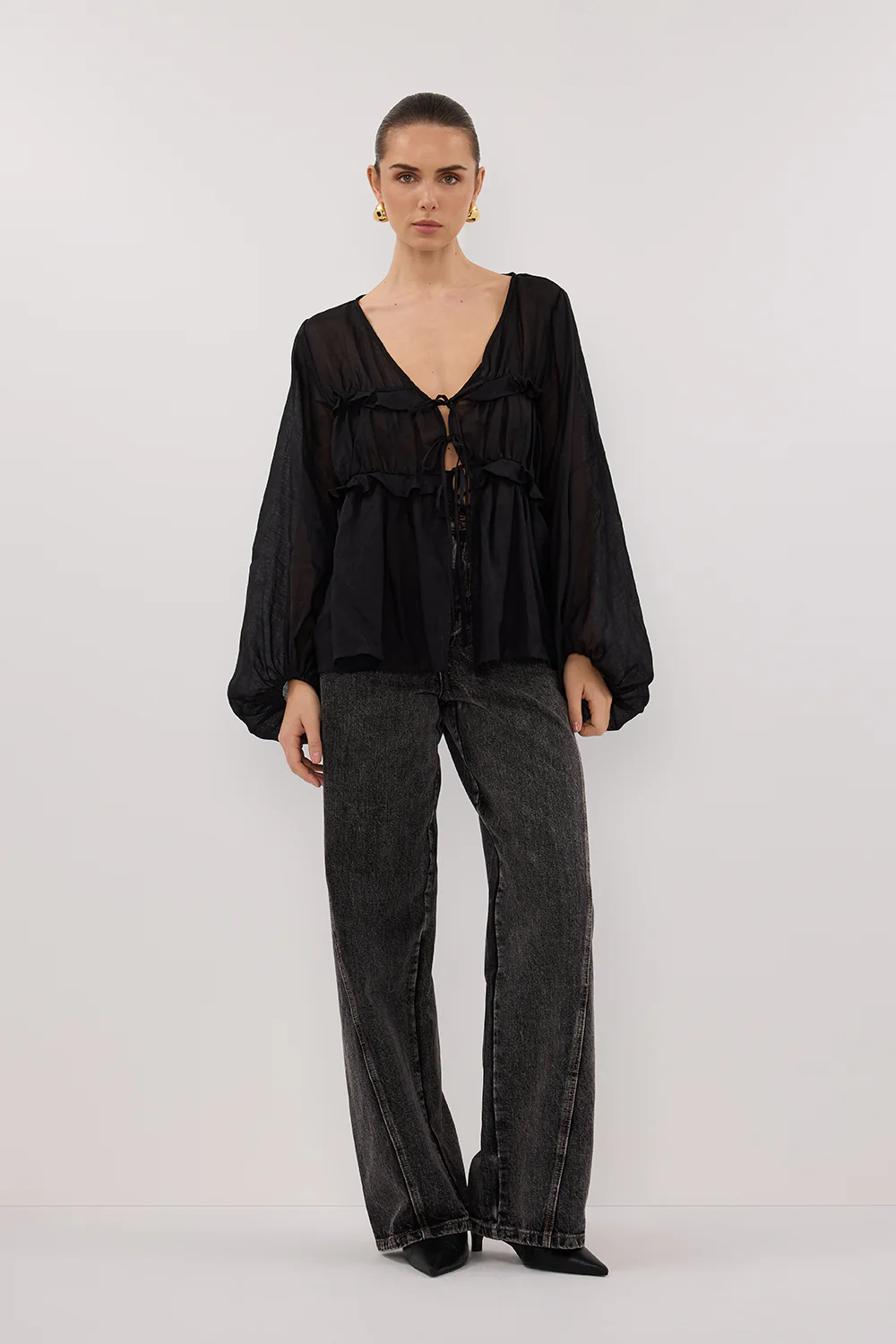 MILA BLACK RAMIE LONG SLEEVE FRILL TOP