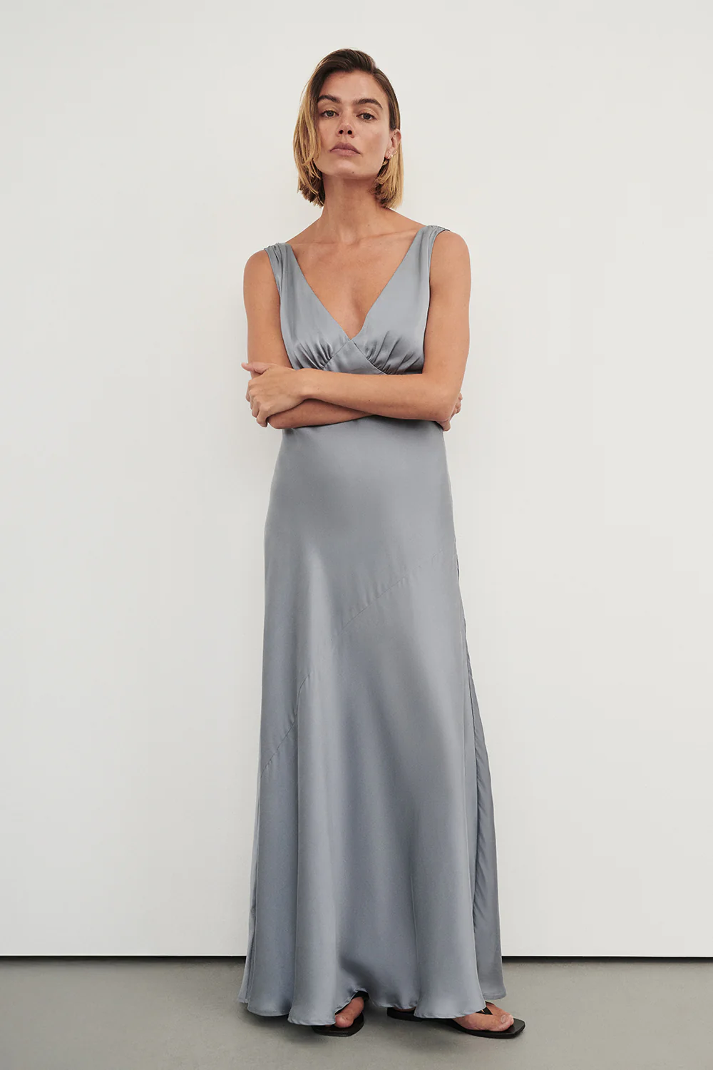 MILA DUSTY BLUE SILK MIDI DRESS