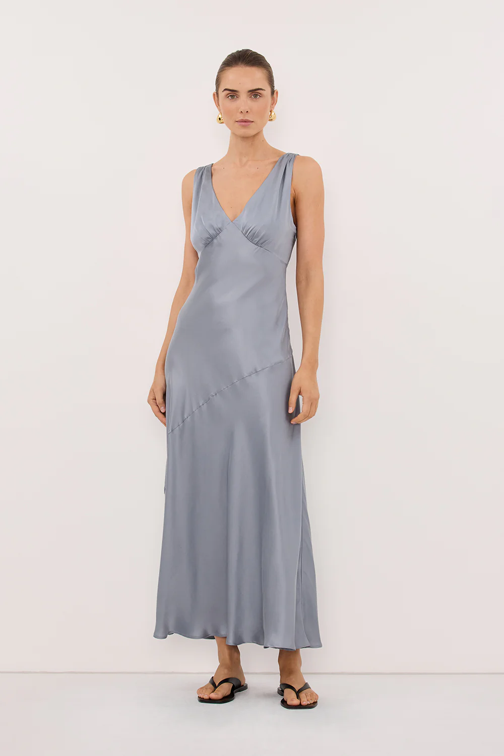 MILA DUSTY BLUE SILK MIDI DRESS - Image 3