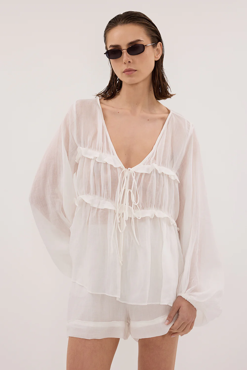 MILA WHITE RAMIE LONG SLEEVE FRILL TOP - Image 2