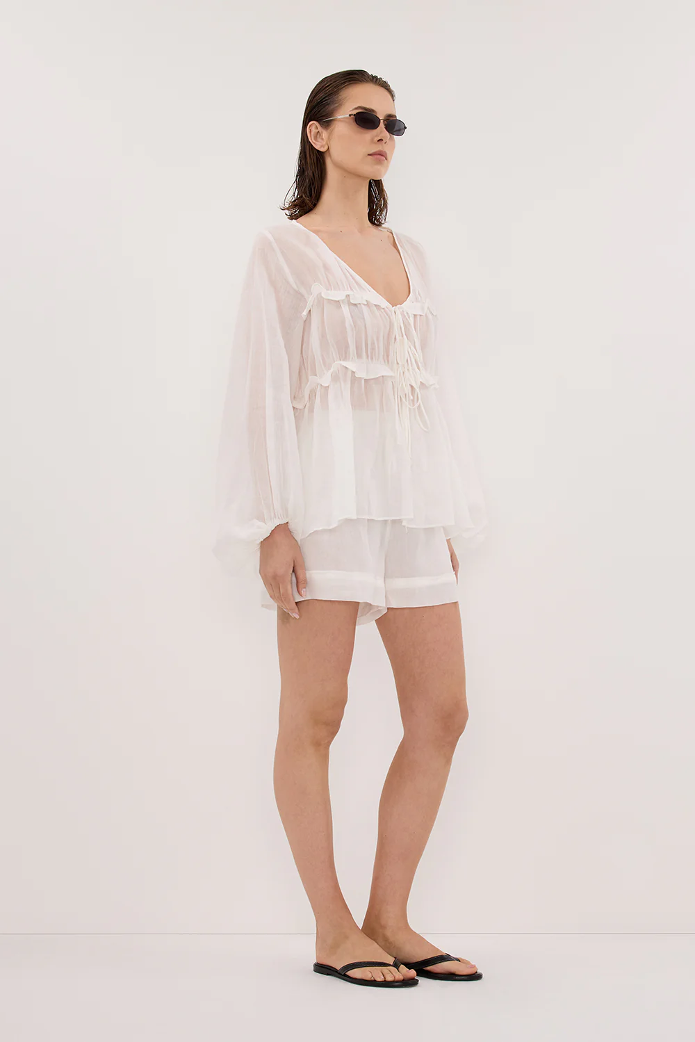 MILA WHITE RAMIE LONG SLEEVE FRILL TOP - Image 3