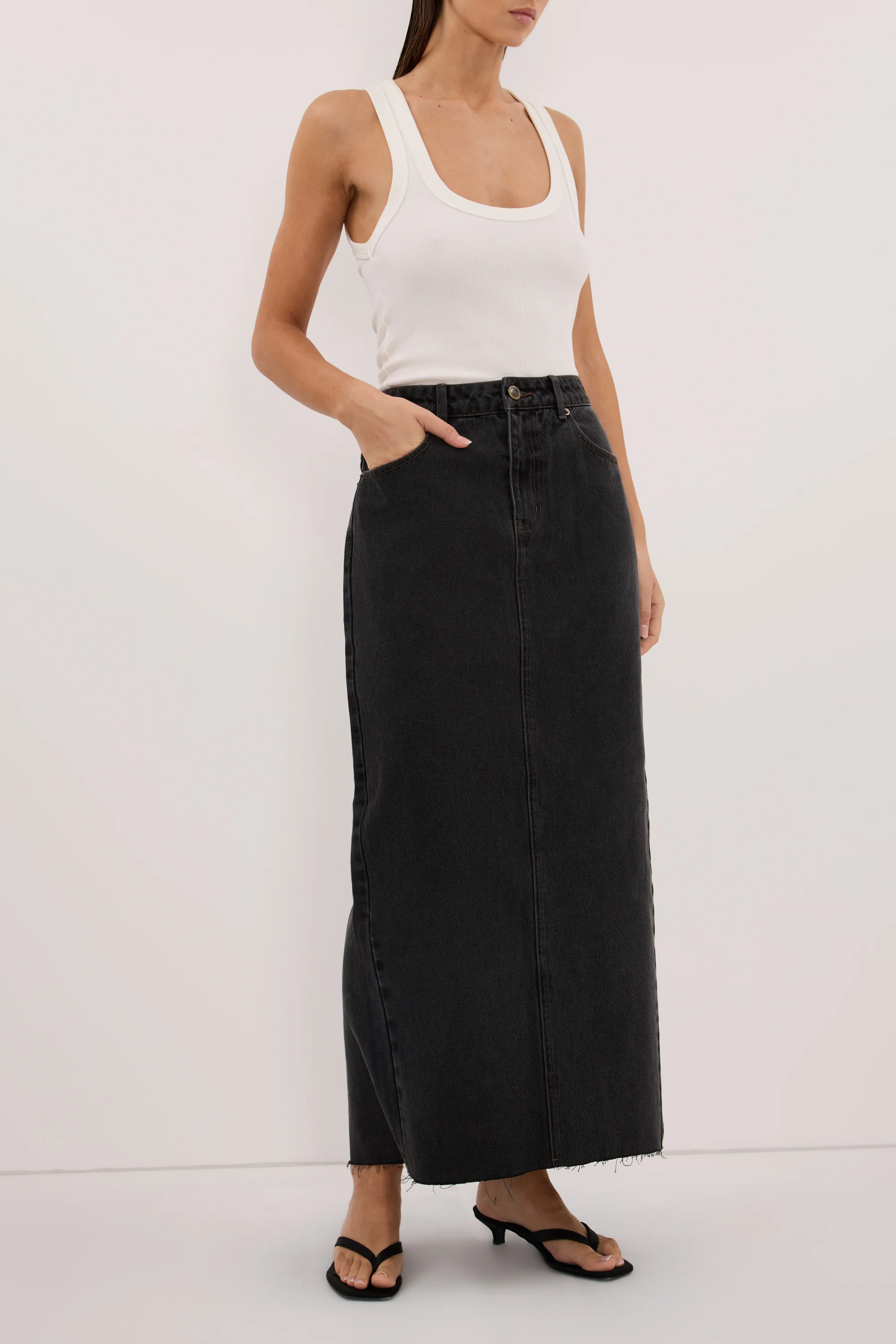 MONROE BLACK RINSE DENIM MIDI SKIRT - Image 2