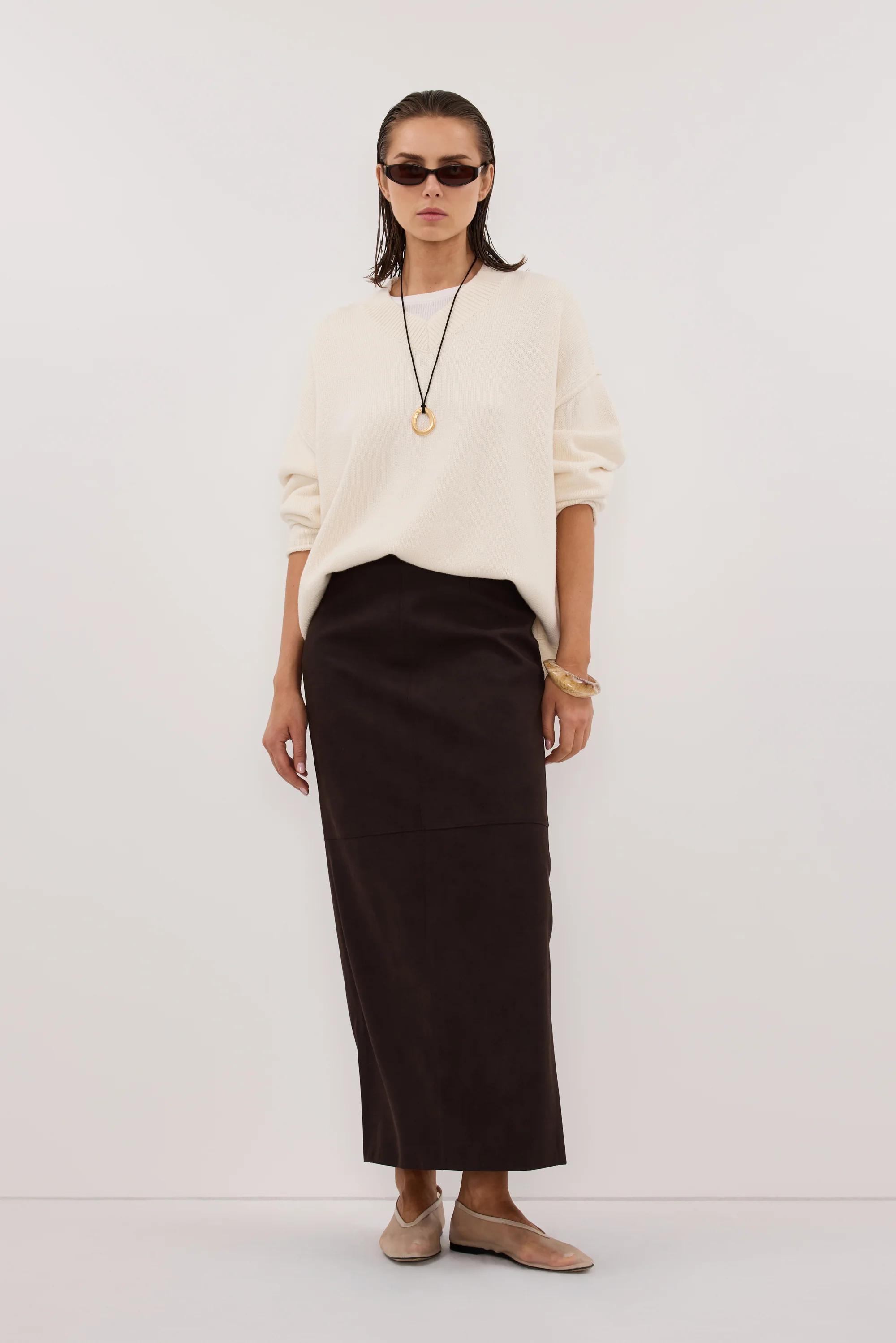 OTIS BITTER CHOC FAUX LEATHER MIDI SKIRT