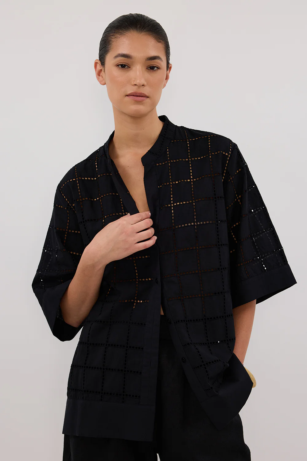 OWEN BLACK SLEEVED BRODERIE SHIRT - Image 2