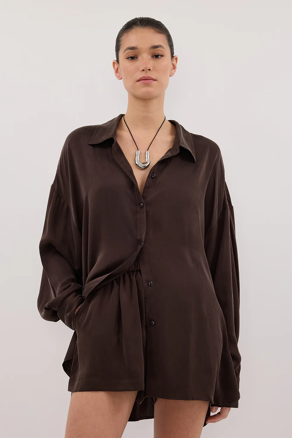 PERCY CHOC SILK LONG SLEEVE SHIRT - Image 2