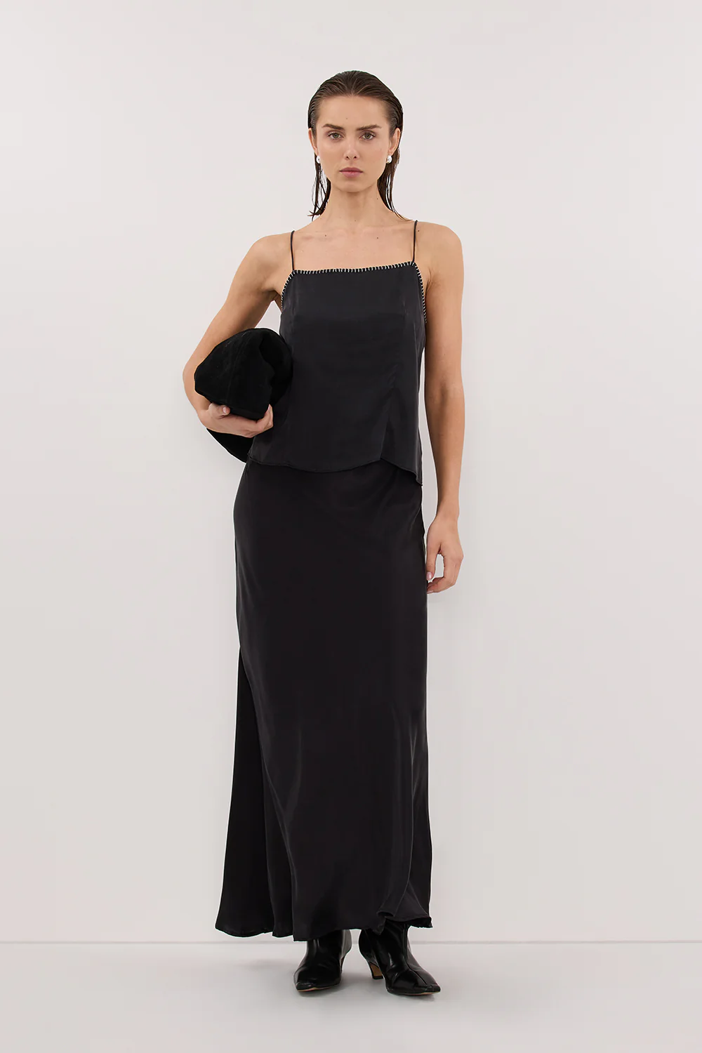 PIPER BLACK SLEEVELESS SILK STITCH DETAIL CAMI TOP
