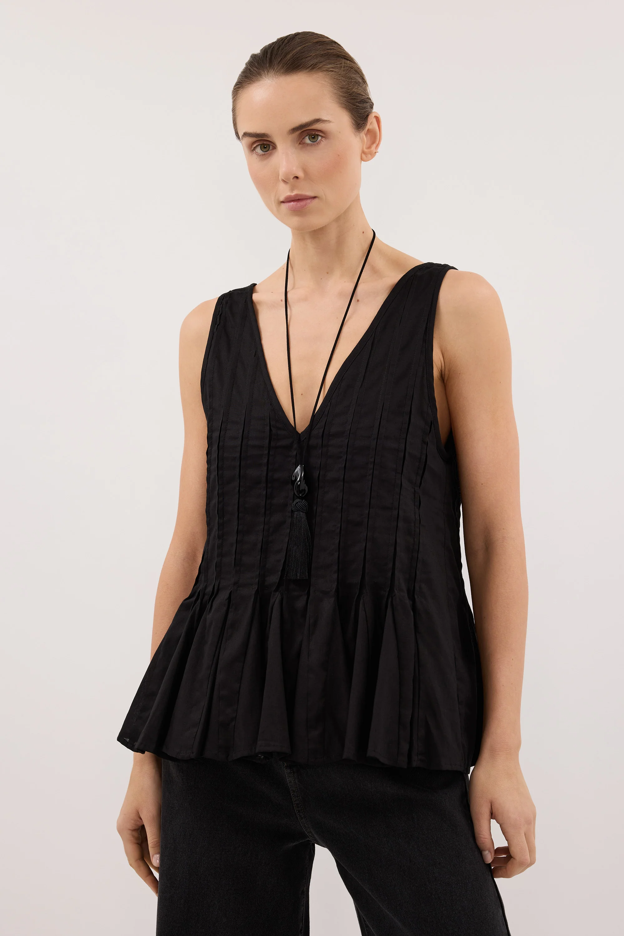 PIXIE BLACK LINEN GODET TOP - Image 2