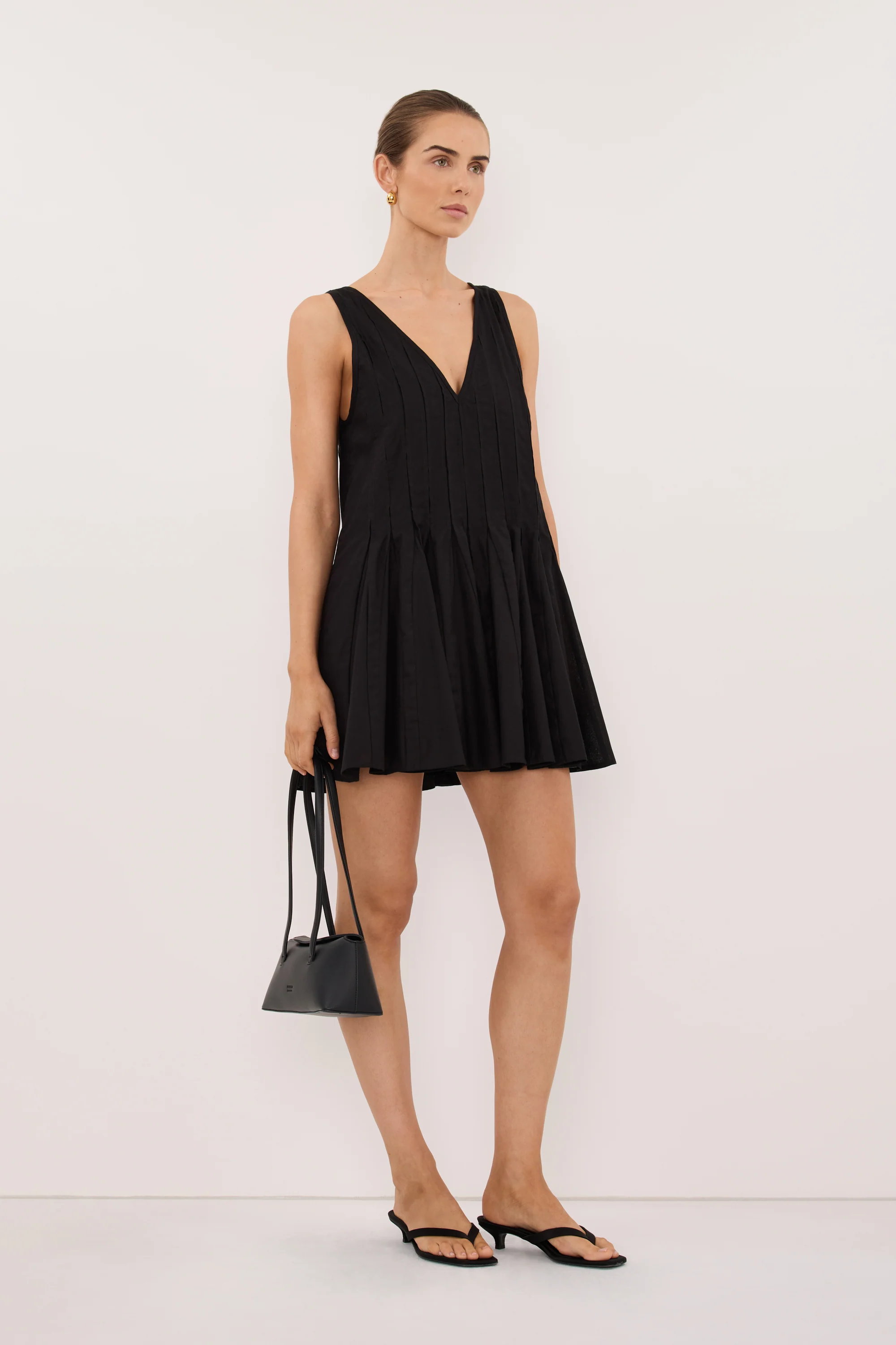 PIXIE BLACK LINEN MINI GODET DRESS - Image 3