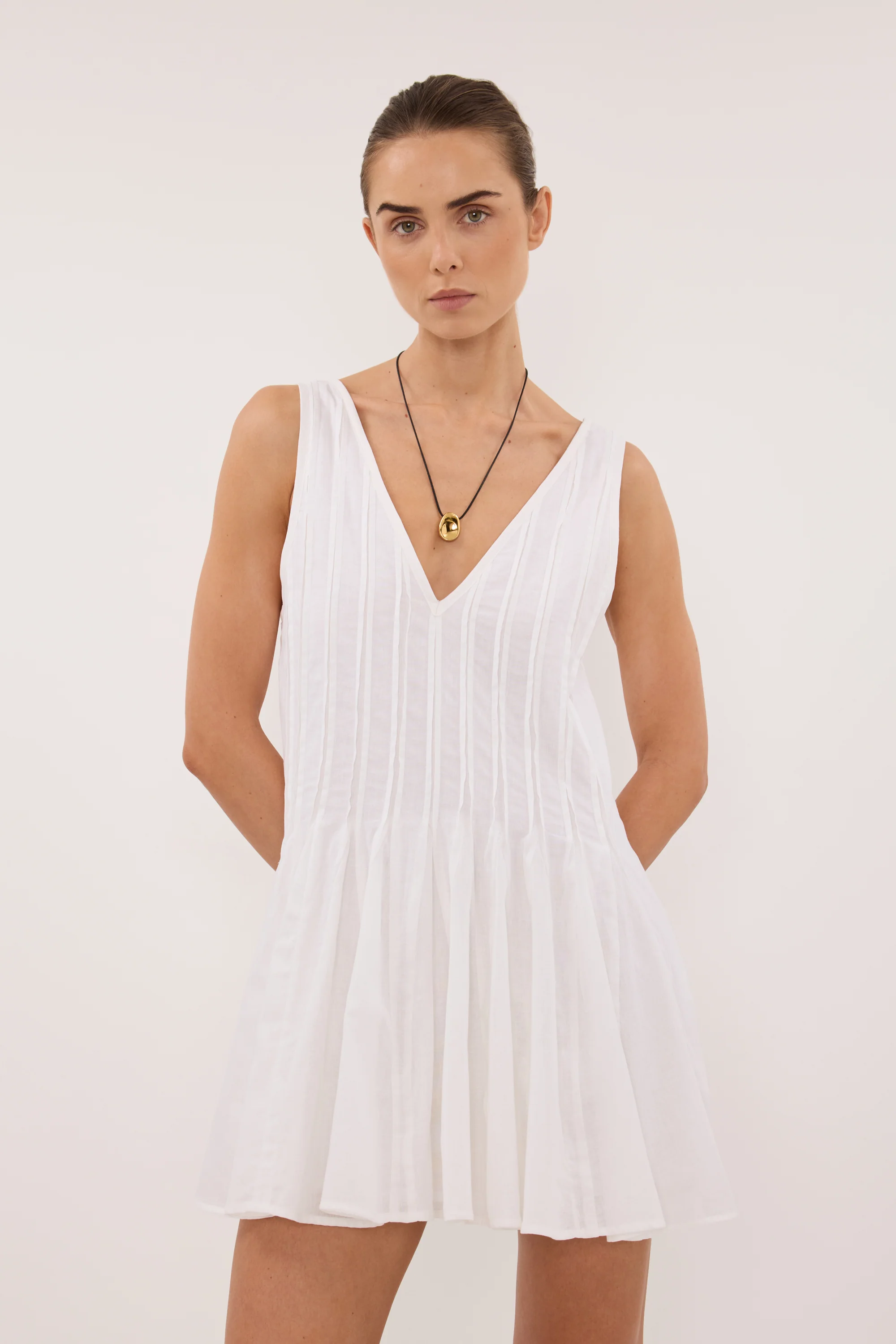 PIXIE WHITE LINEN MINI GODET DRESS - Image 2