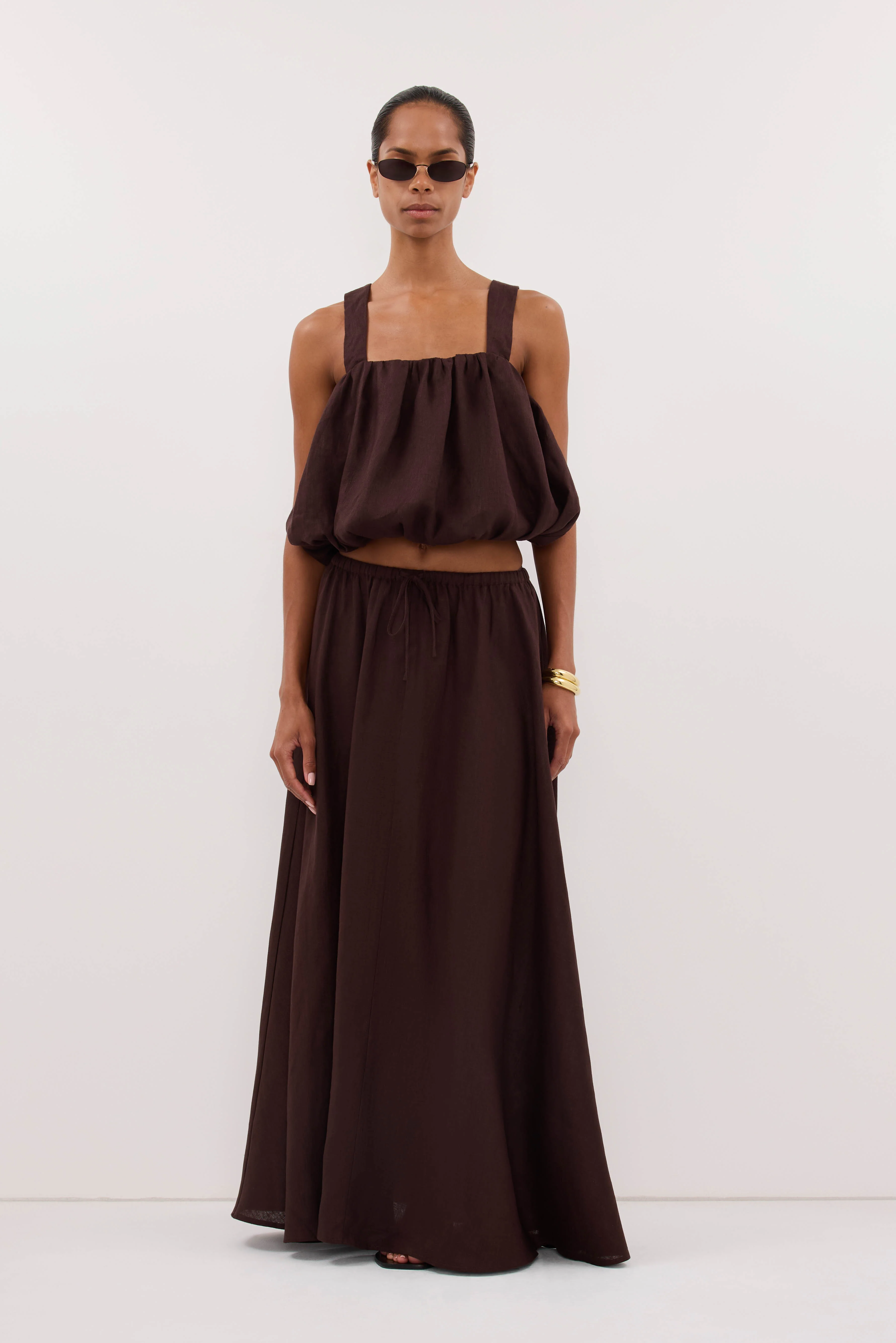 RAVELLO BURNT CHOC LINEN BUBBLE TOP