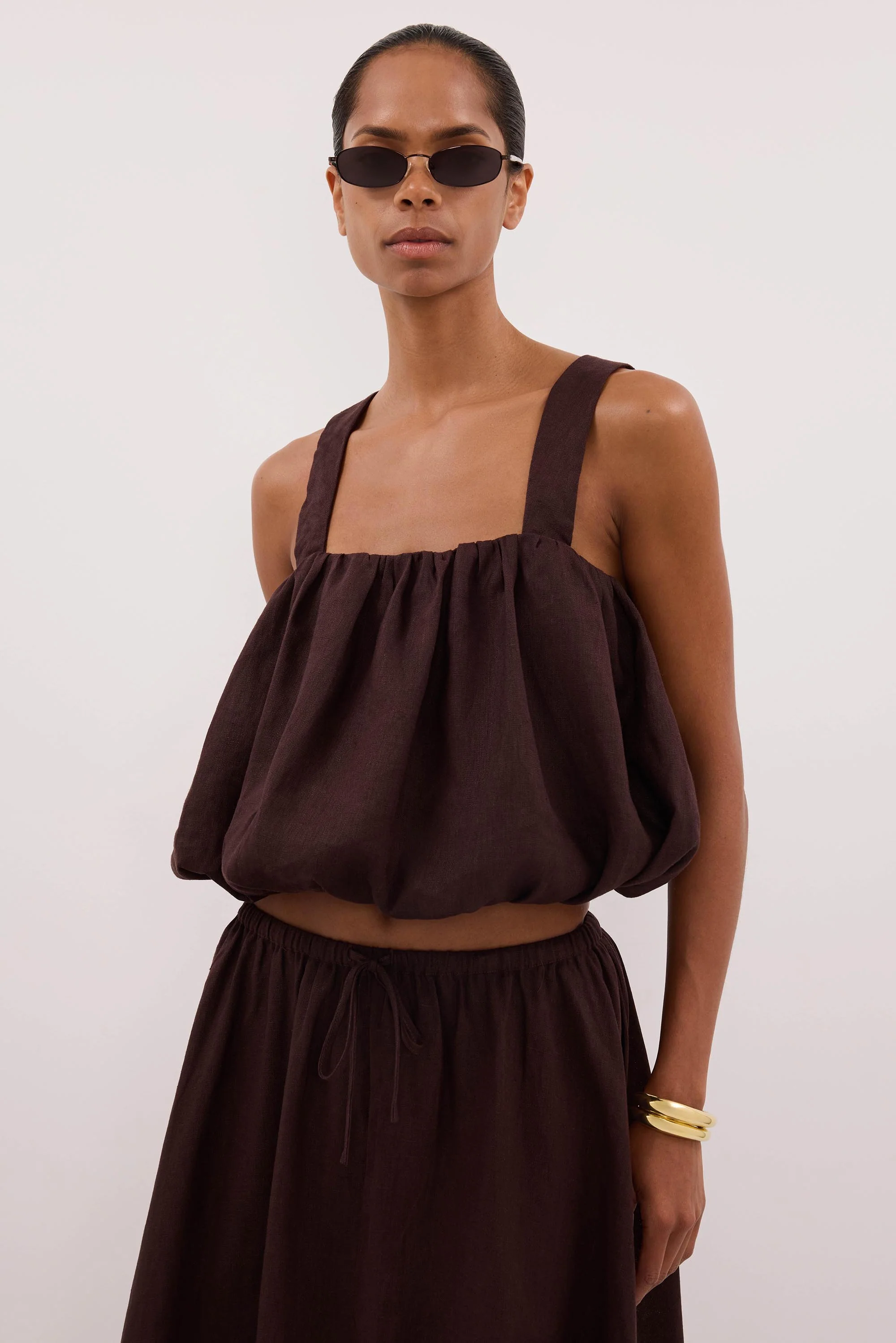 RAVELLO BURNT CHOC LINEN BUBBLE TOP - Image 2