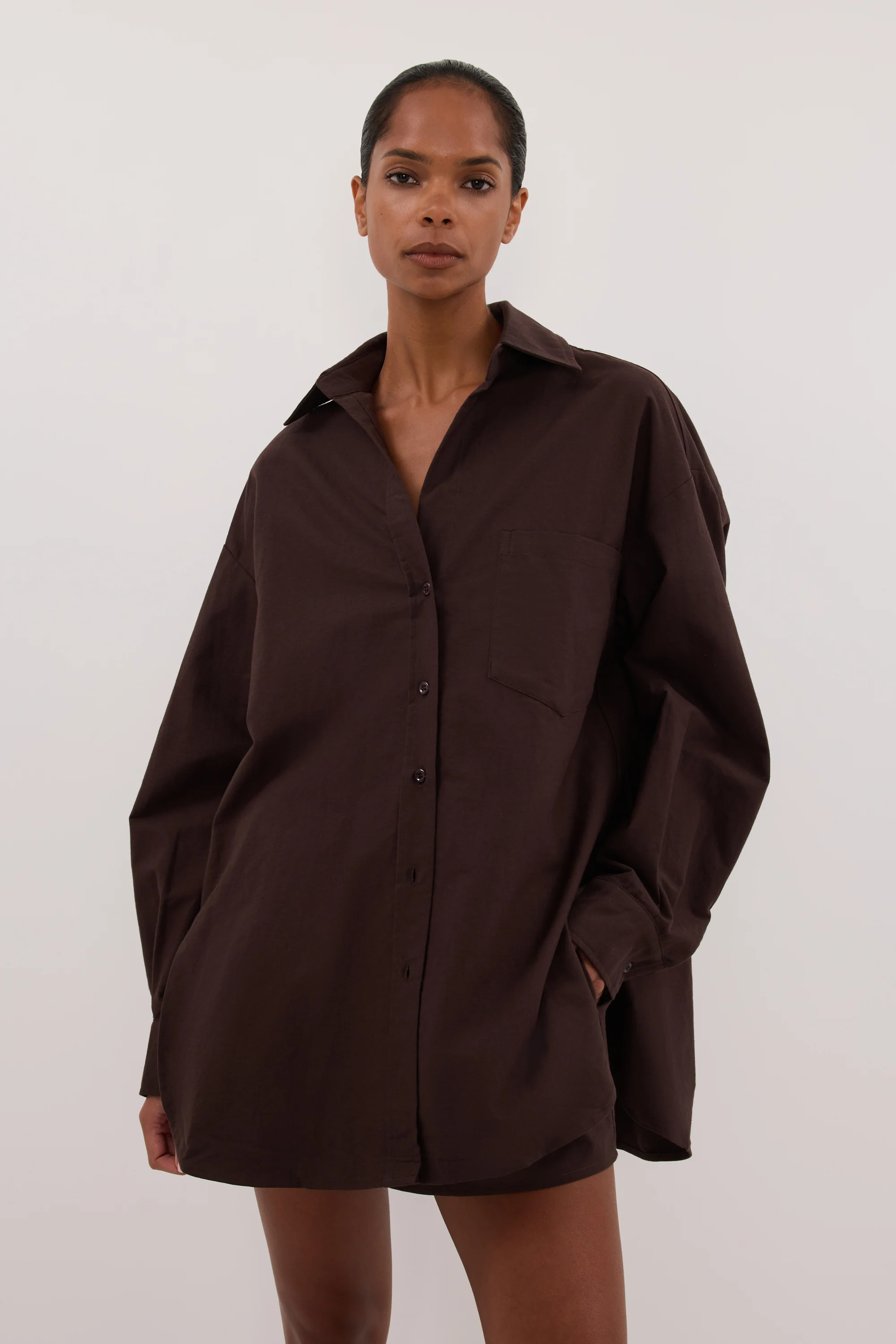 RHEA 2.0 BURNT CHOC OVERSIZED COTTON SHIRT - Image 3
