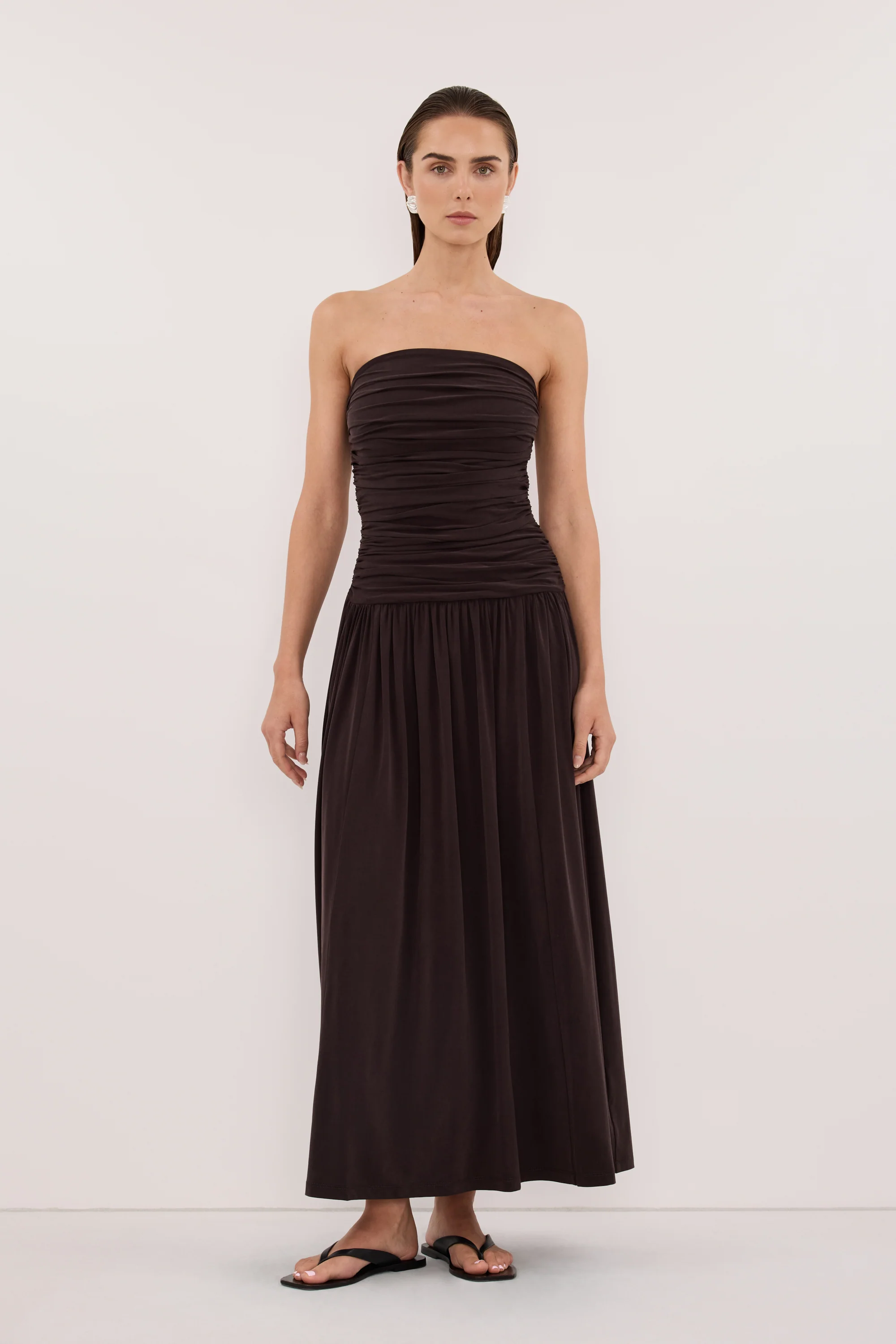 SHARI BURNT CHOC STRAPLESS BANDEAU MIDI DRESS - Image 2