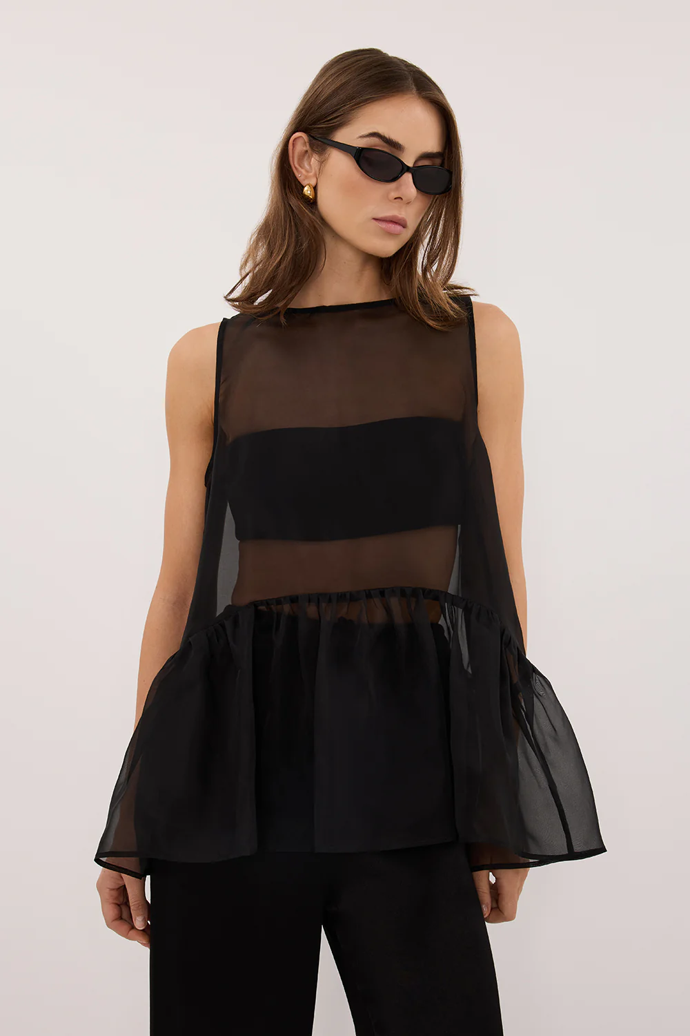 SIAN BLACK SILK ORGANZA DROP WAIST TOP - Image 2