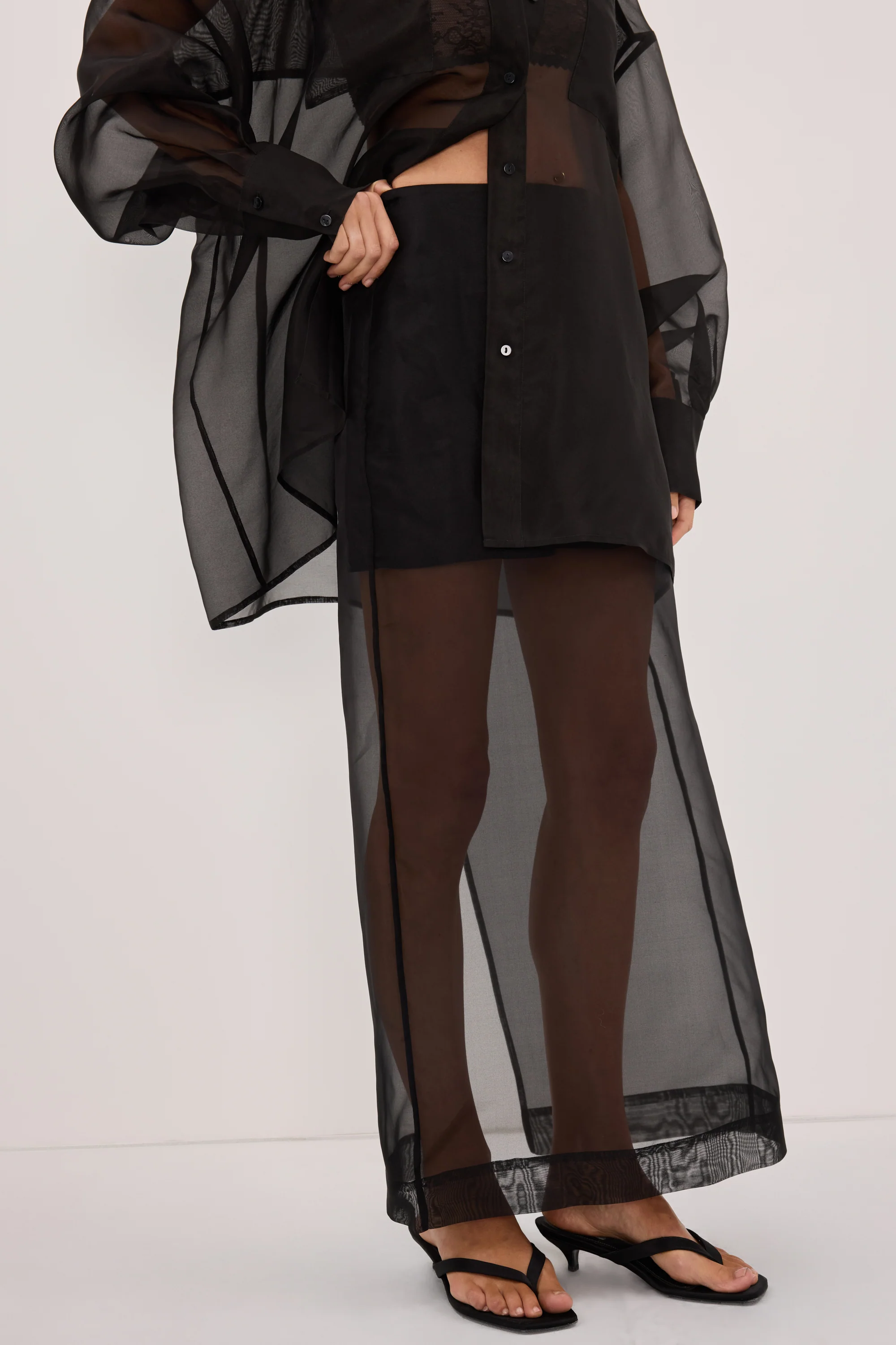 SIAN BLACK SILK ORGANZA MIDI SKIRT - Image 2