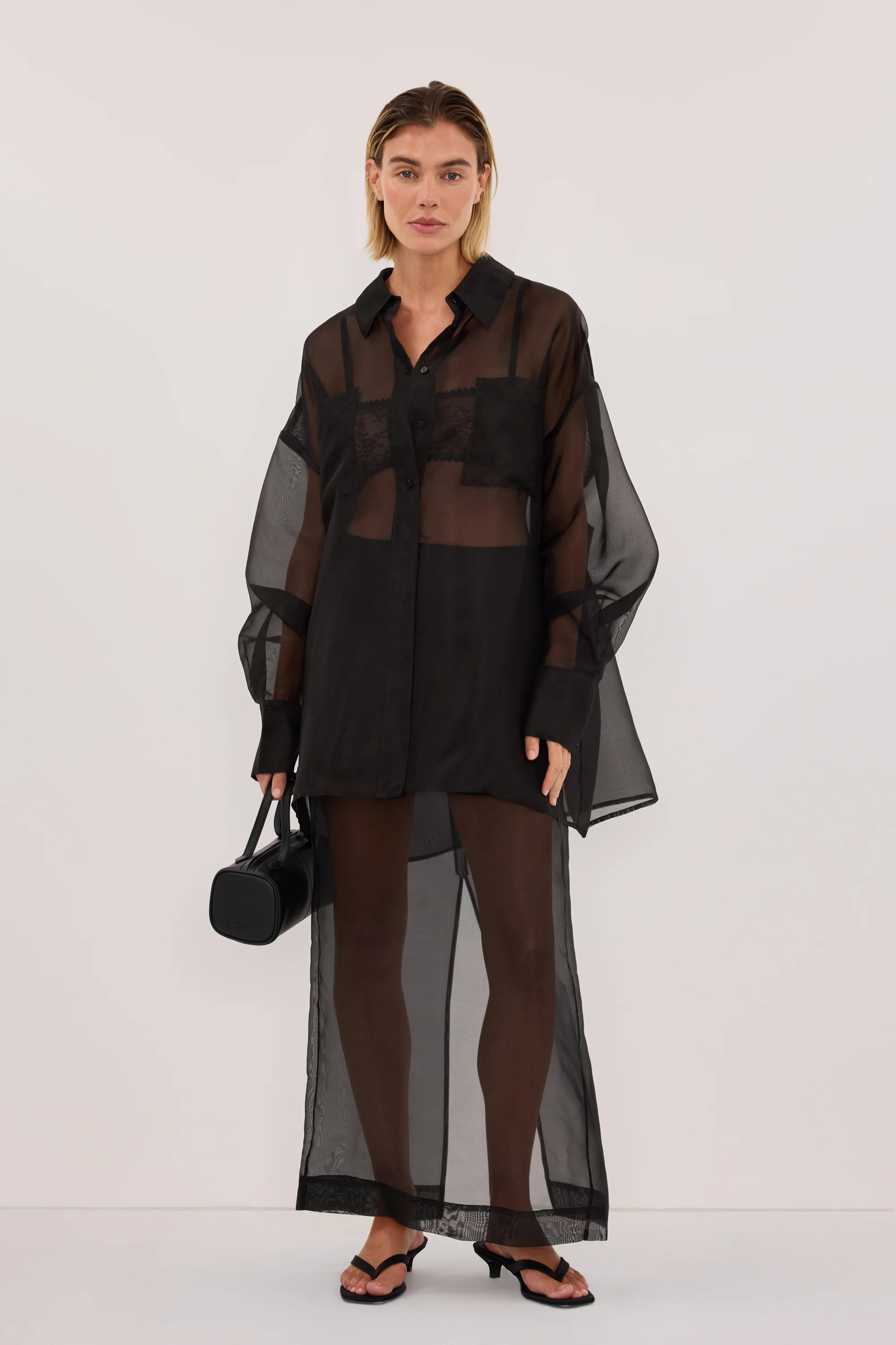 SIAN BLACK SILK ORGANZA MIDI SKIRT - Image 3
