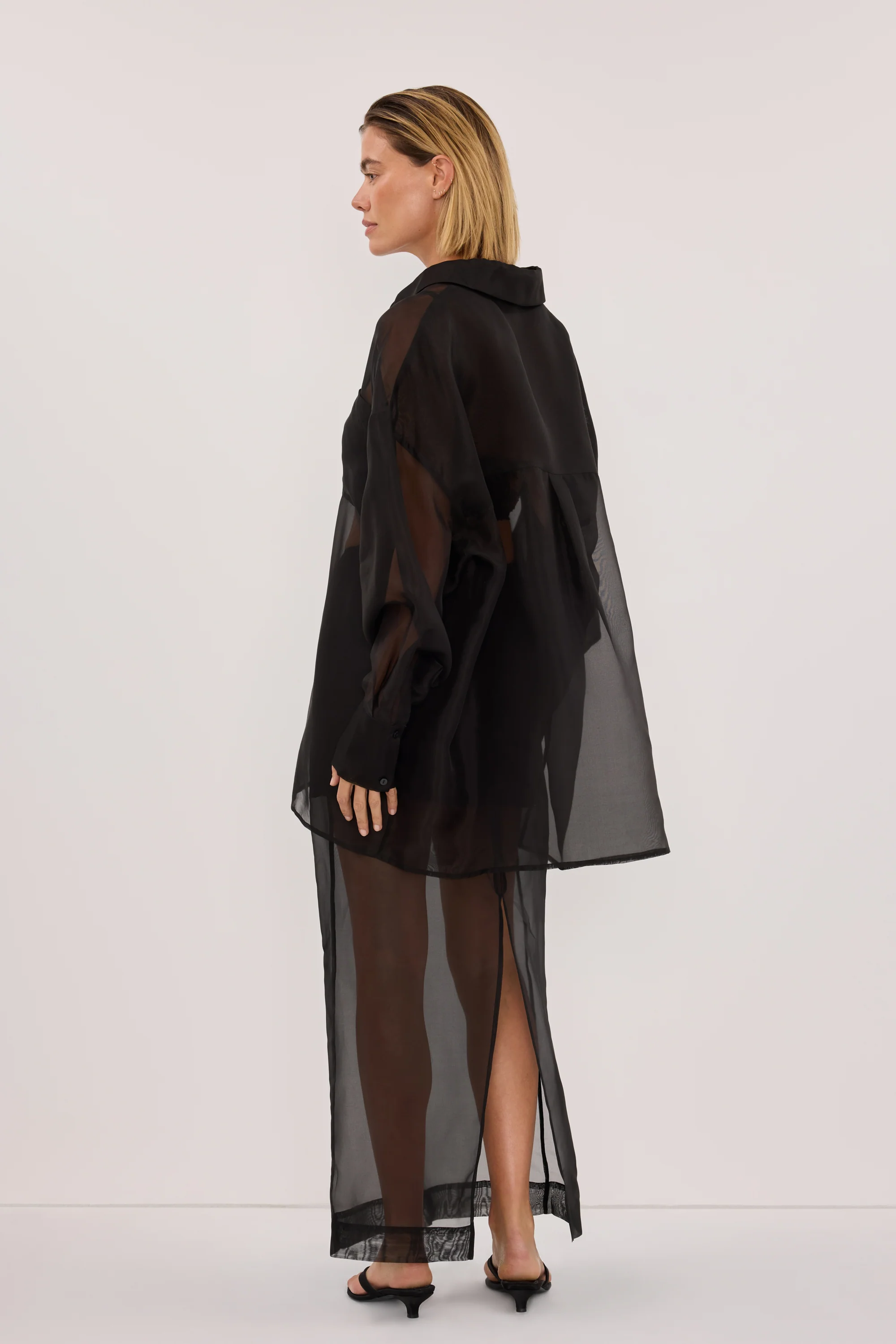 SIAN BLACK SILK ORGANZA MIDI SKIRT - Image 5