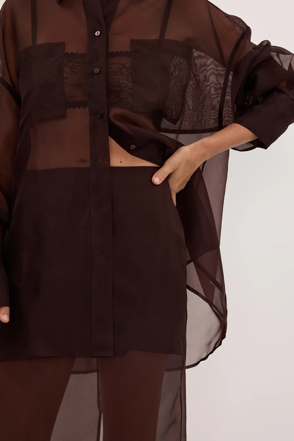 SIAN DARK CHOC SILK ORGANZA MIDI SKIRT - Image 6