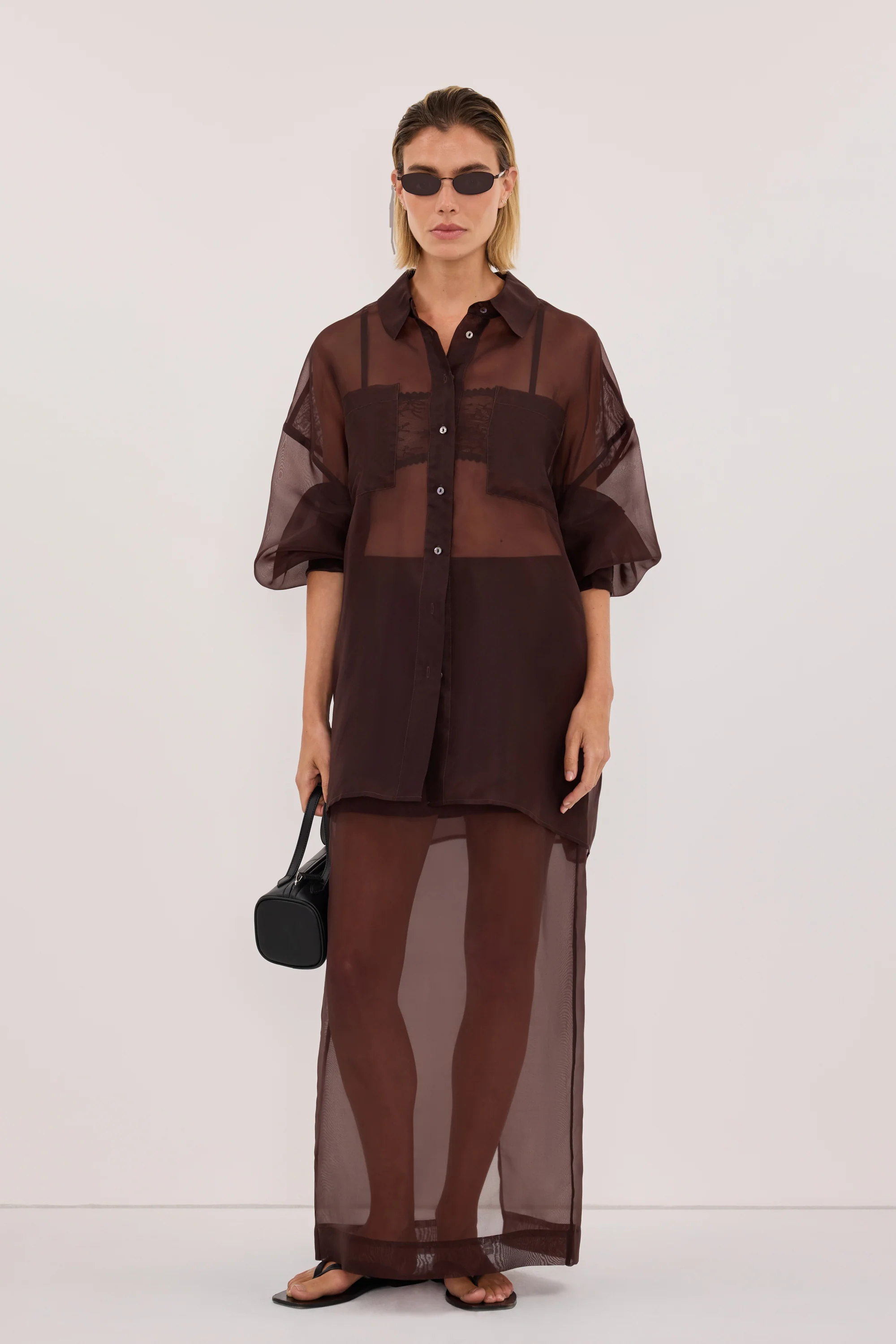SIAN DARK CHOC SILK ORGANZA SHIRT - Image 2