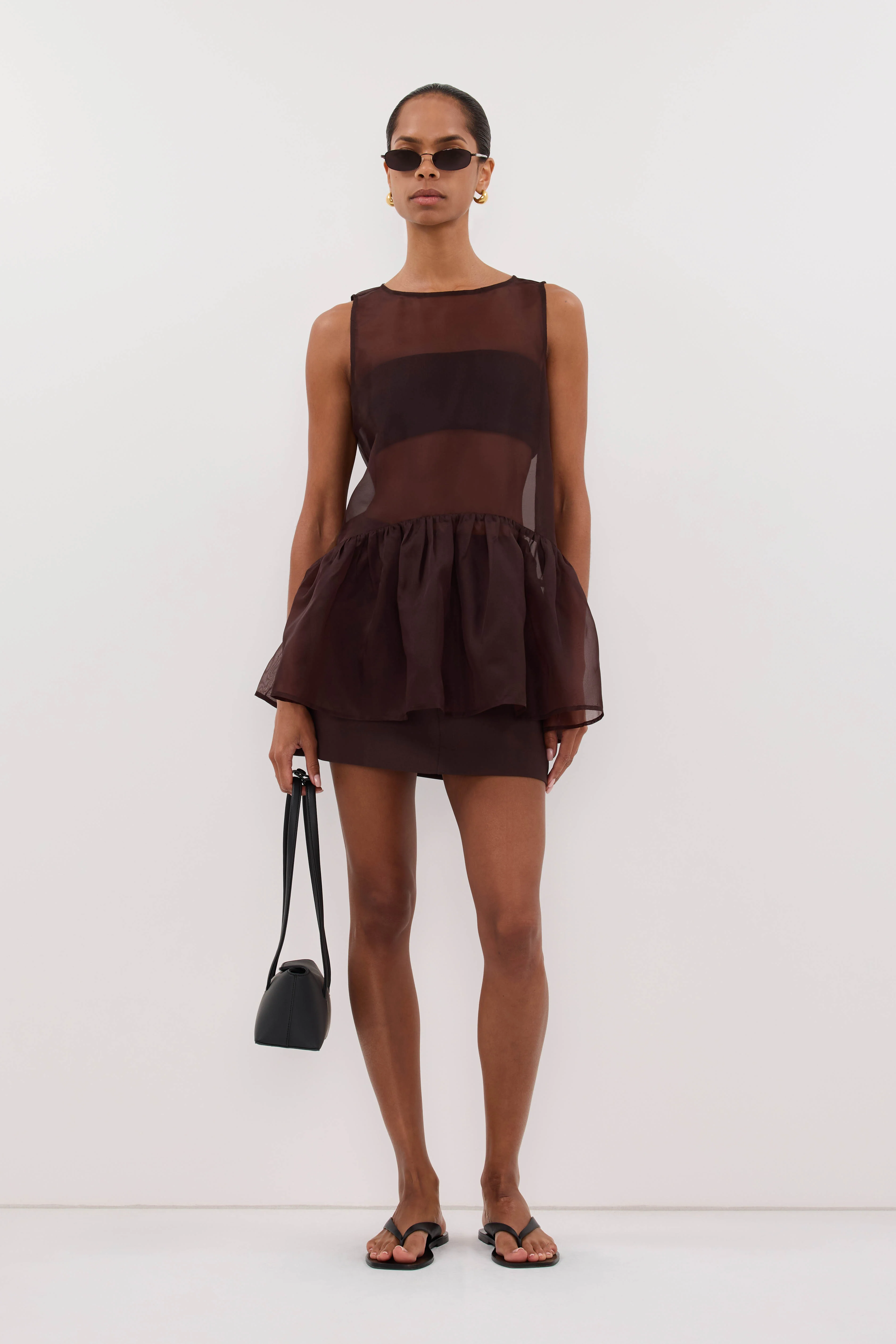 SIAN DARK CHOC SILK ORGANZA DROP WAIST TOP