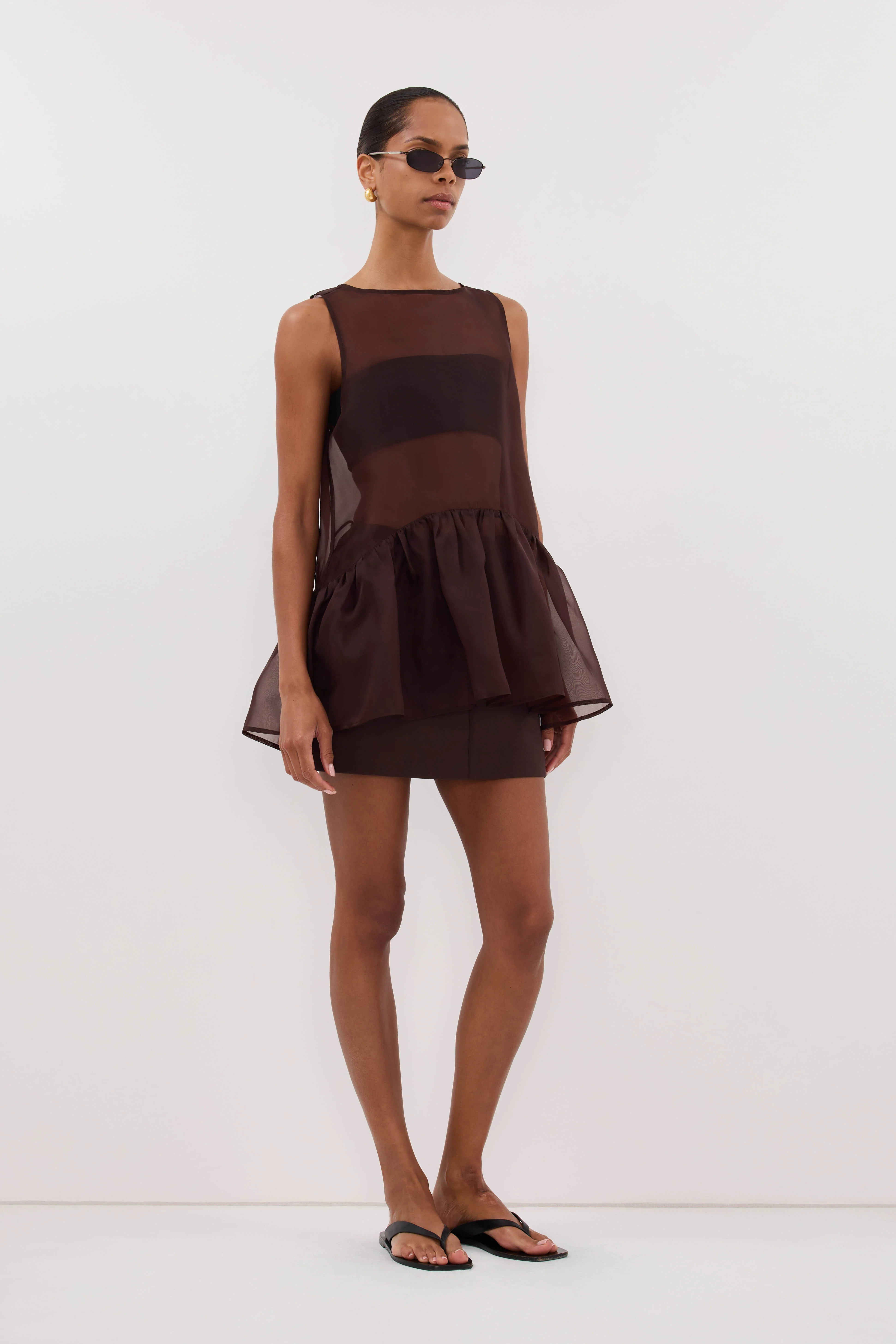 SIAN DARK CHOC SILK ORGANZA DROP WAIST TOP - Image 3