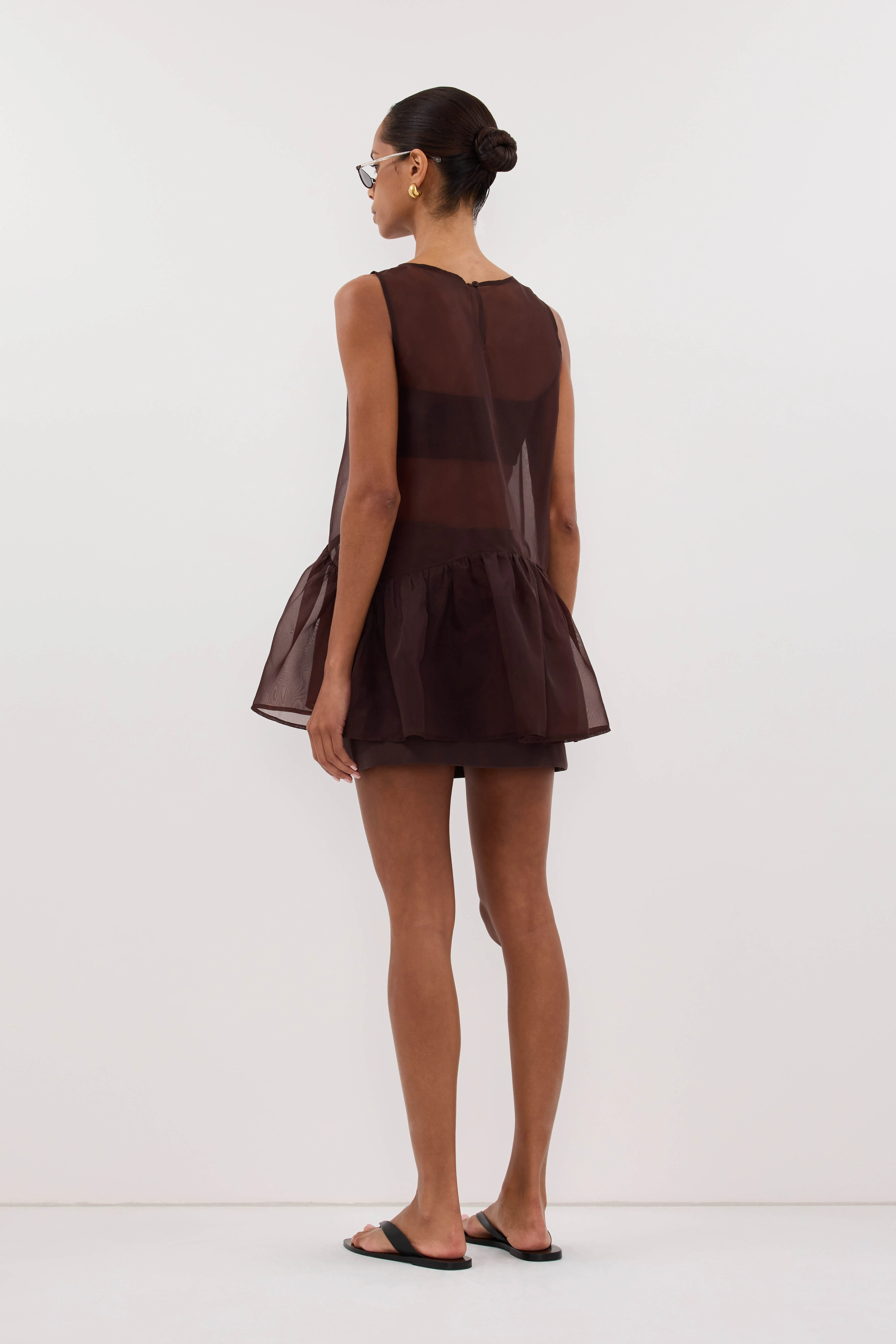 SIAN DARK CHOC SILK ORGANZA DROP WAIST TOP - Image 4