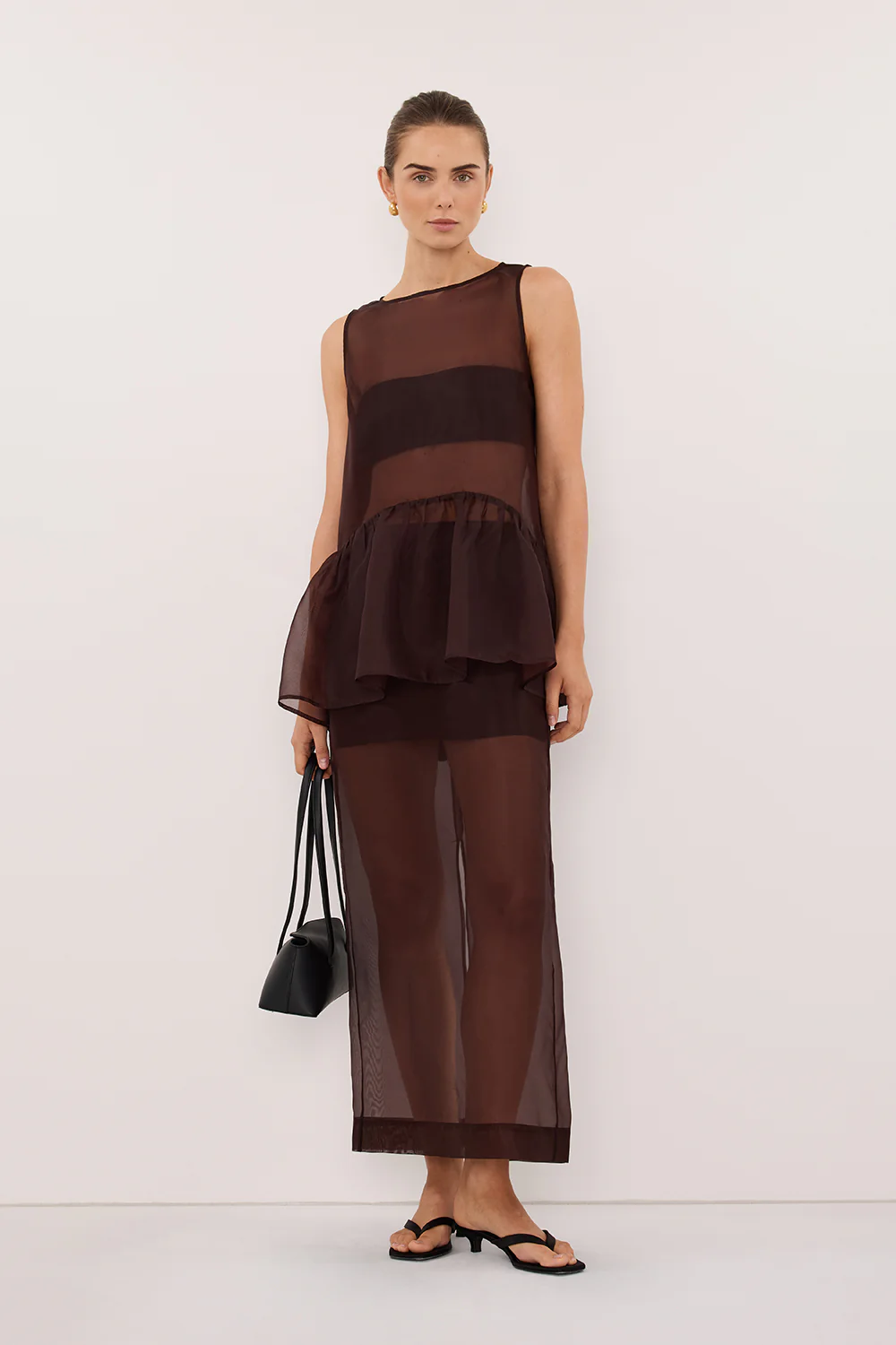 SIAN DARK CHOC SILK ORGANZA DROP WAIST TOP - Image 6